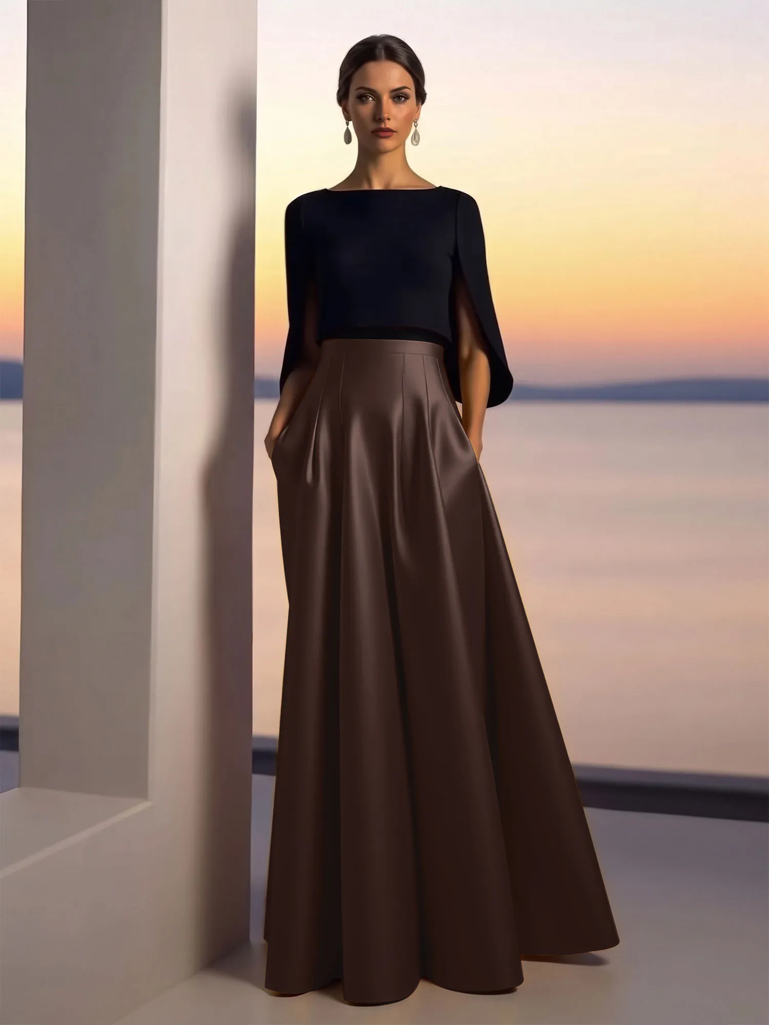 Two-Piece Cape Sleeve Satin Ball Gown Evening Dress