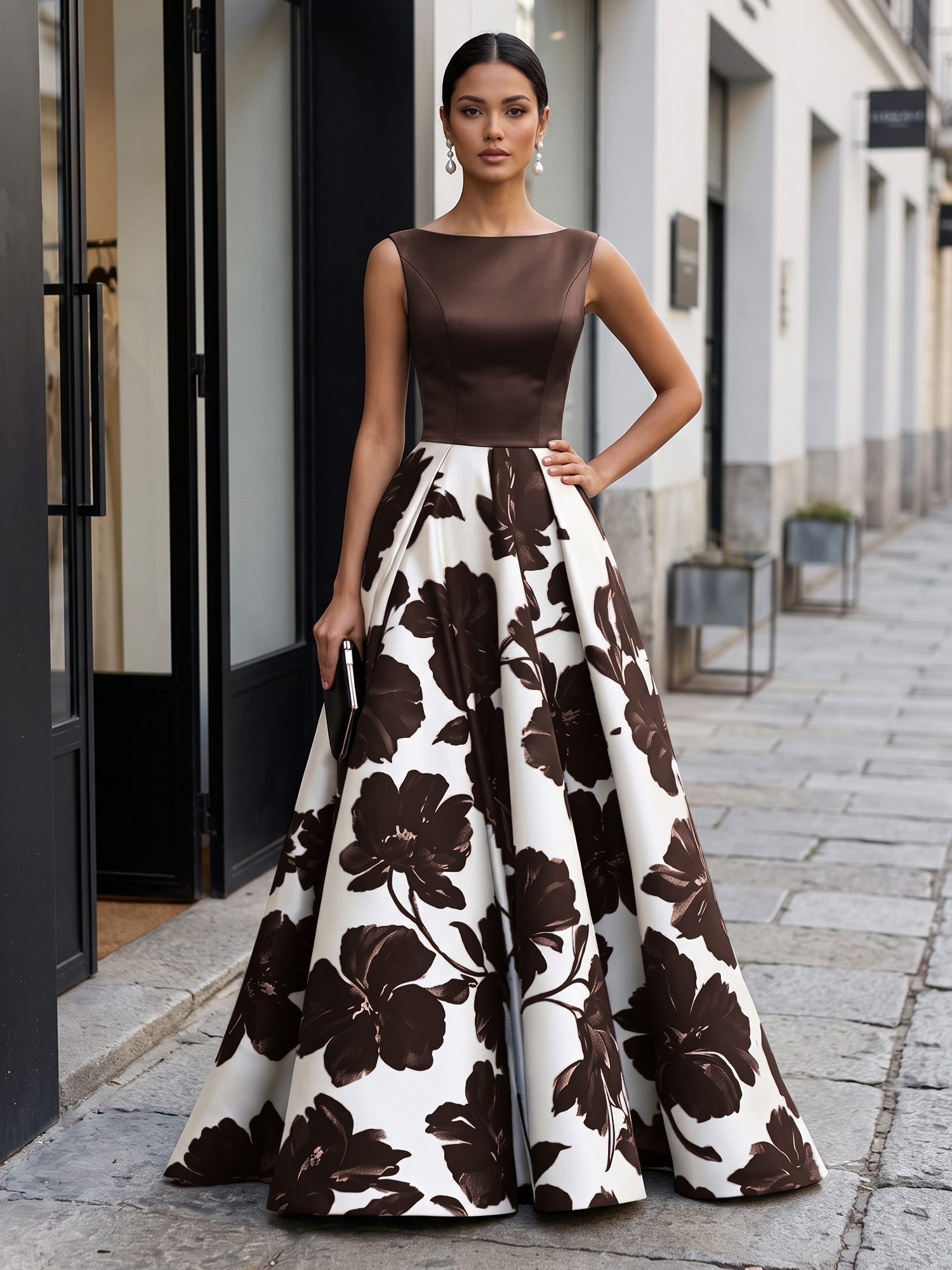 Black Timeless Monochrome Floral Statement Formal Evening Dress
