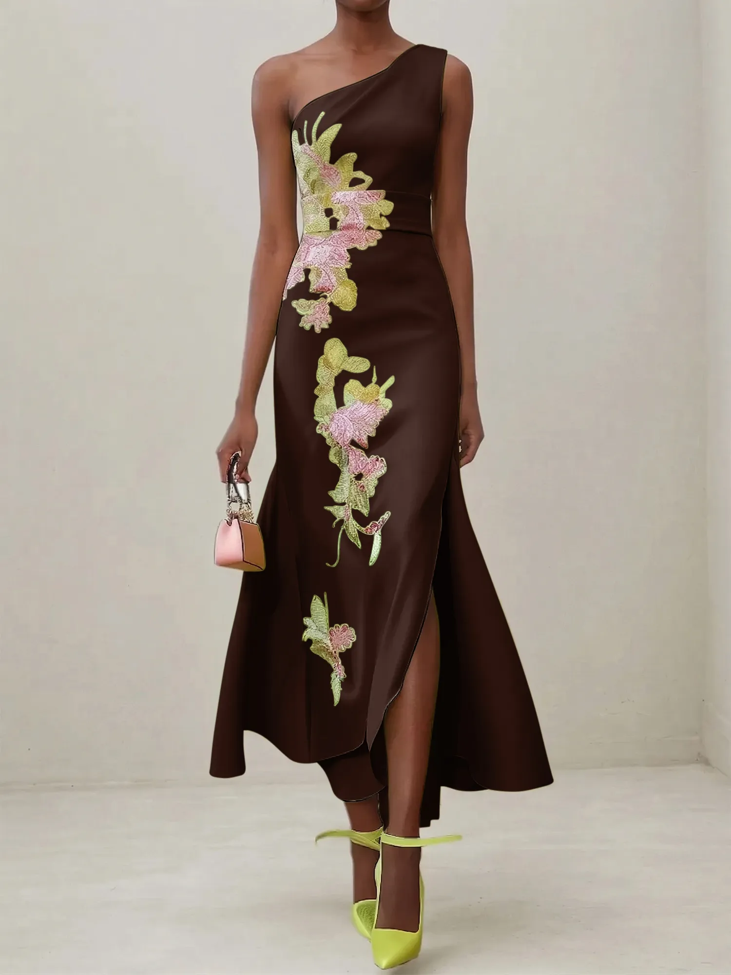 Elegant One Shoulder Cap Sleeve Satin Midi Gown with Floral Embroidery & High Slit