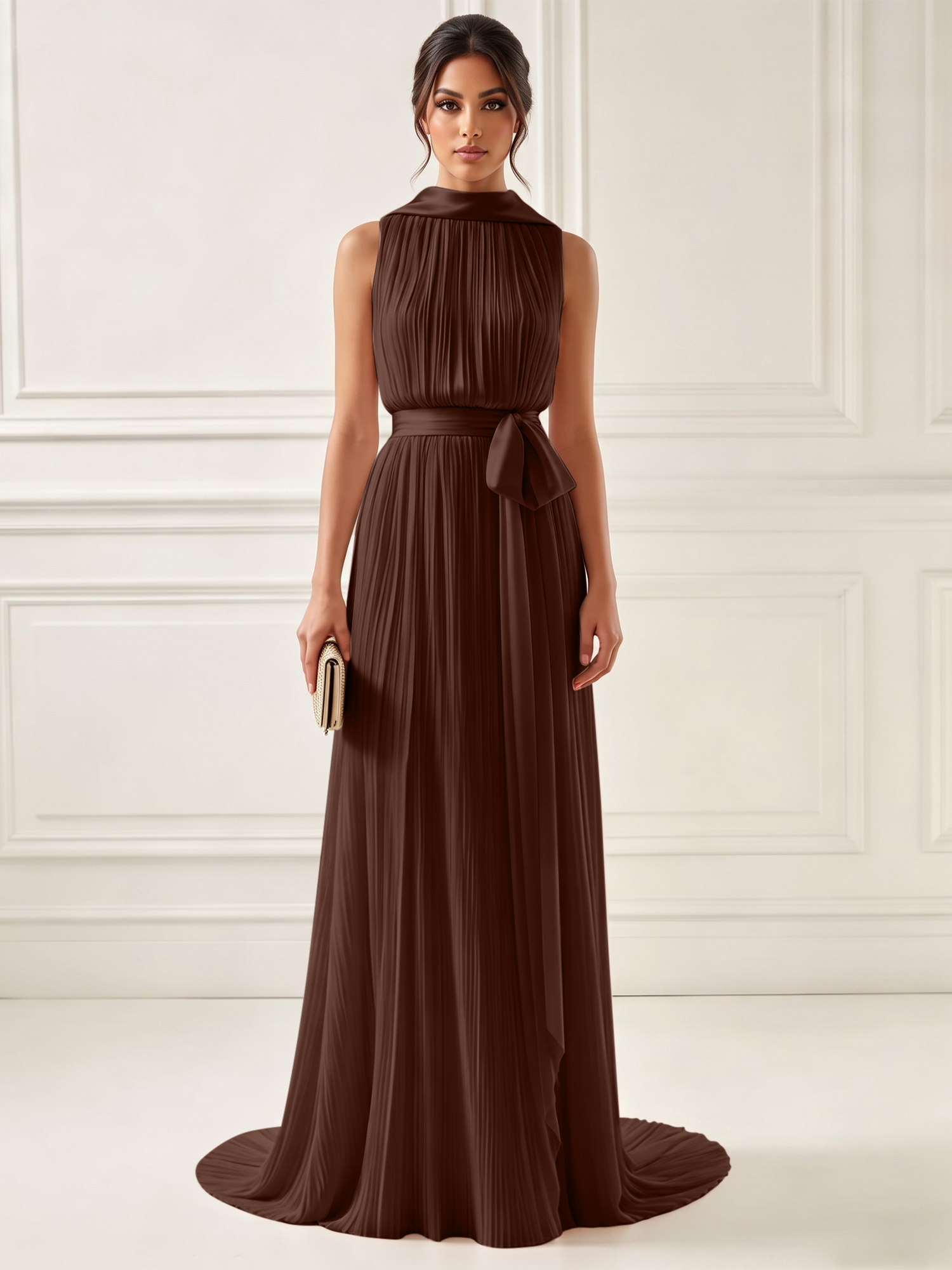 Ethereal Pleated Pastel Pink High Neck Maxi Formal Evening Dress with Satin Sash