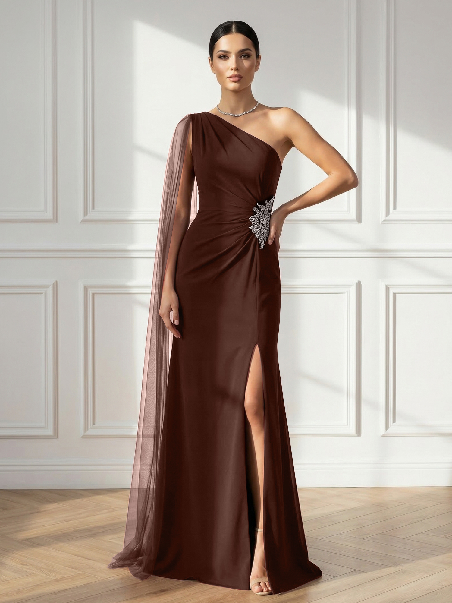 Formal Evening Dress Burgundy One Shoulder Slit Maxi Dress Gown