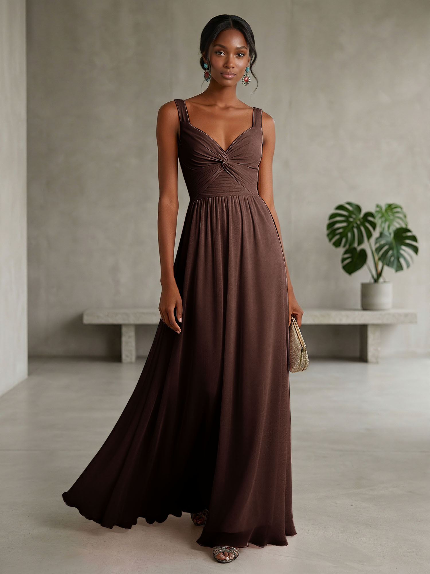 Elegant Soft Blush Twist-Front Chiffon Maxi Gown