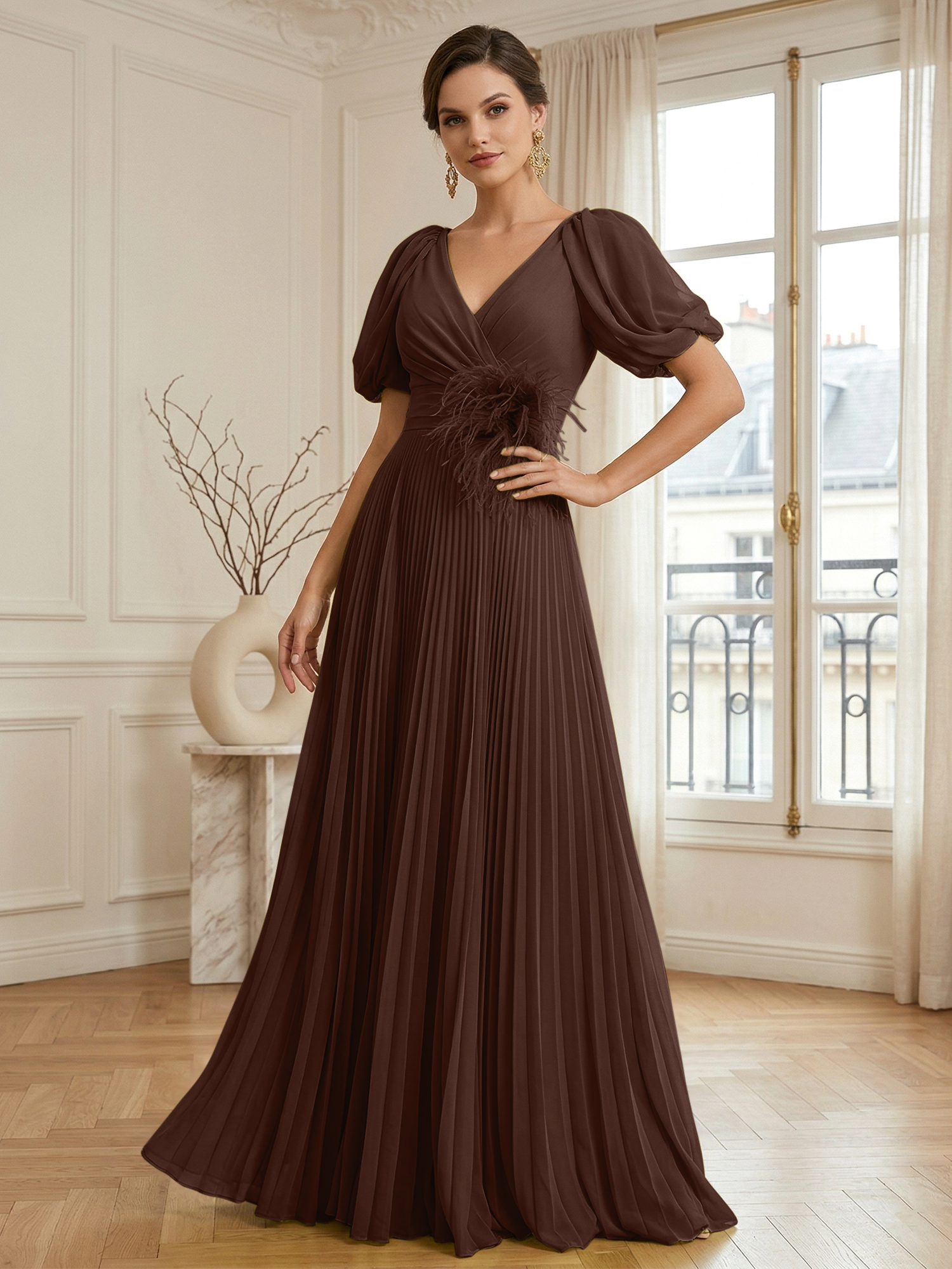 A-Line Chiffon Evening Gown with Feather V-Neck Short Sleeves Formal Dress