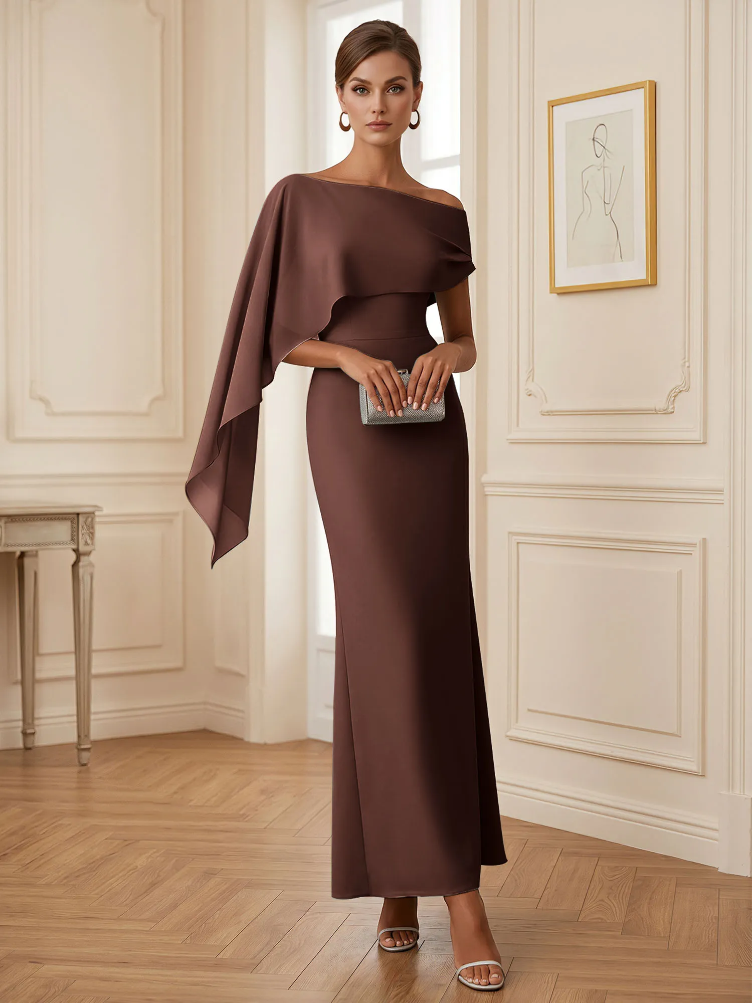 One-Shoulder Chiffon Overlay Mermaid Evening Gown