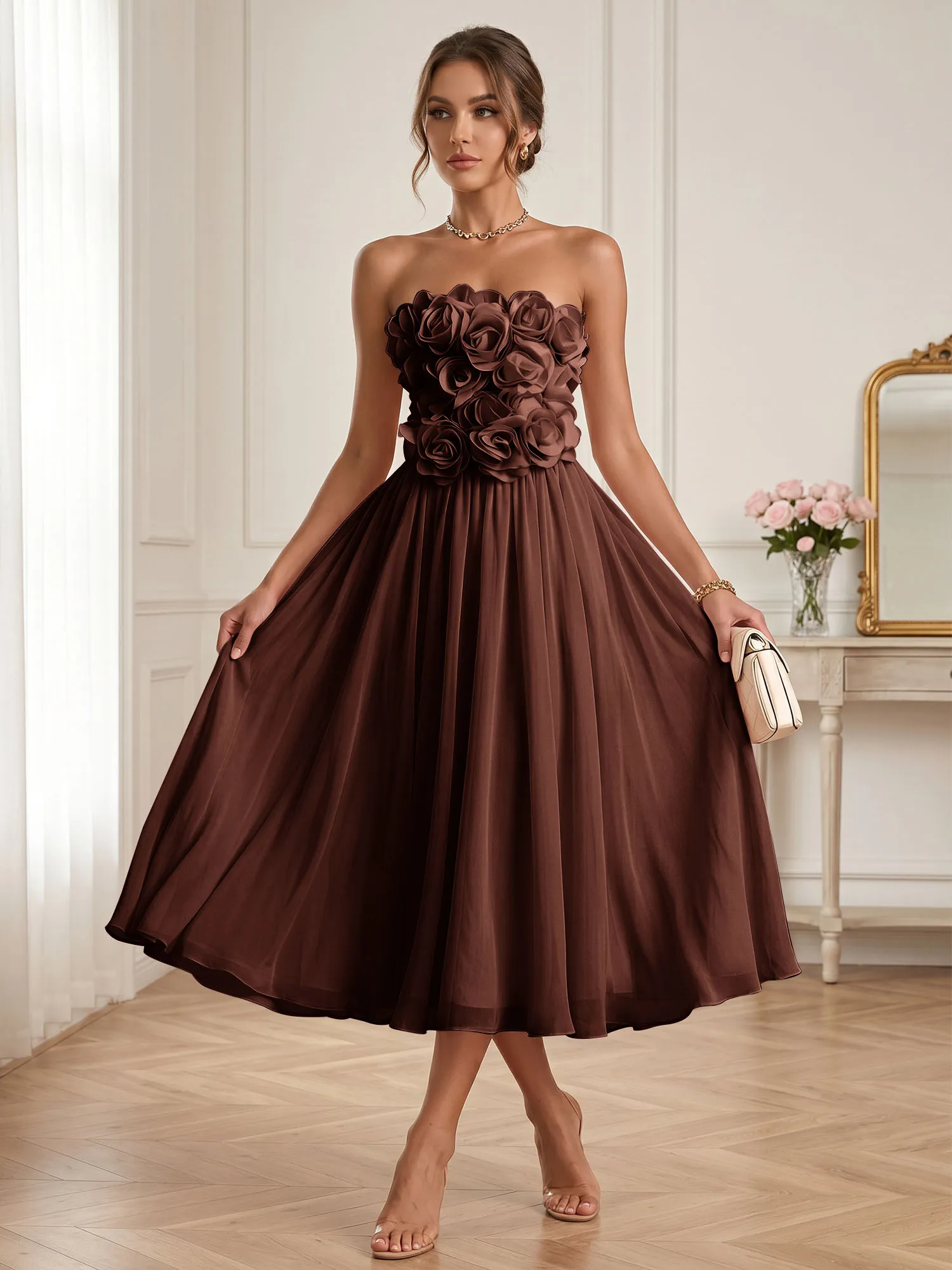 Strapless 3D Floral Chiffon A-Line Midi Formal Dress