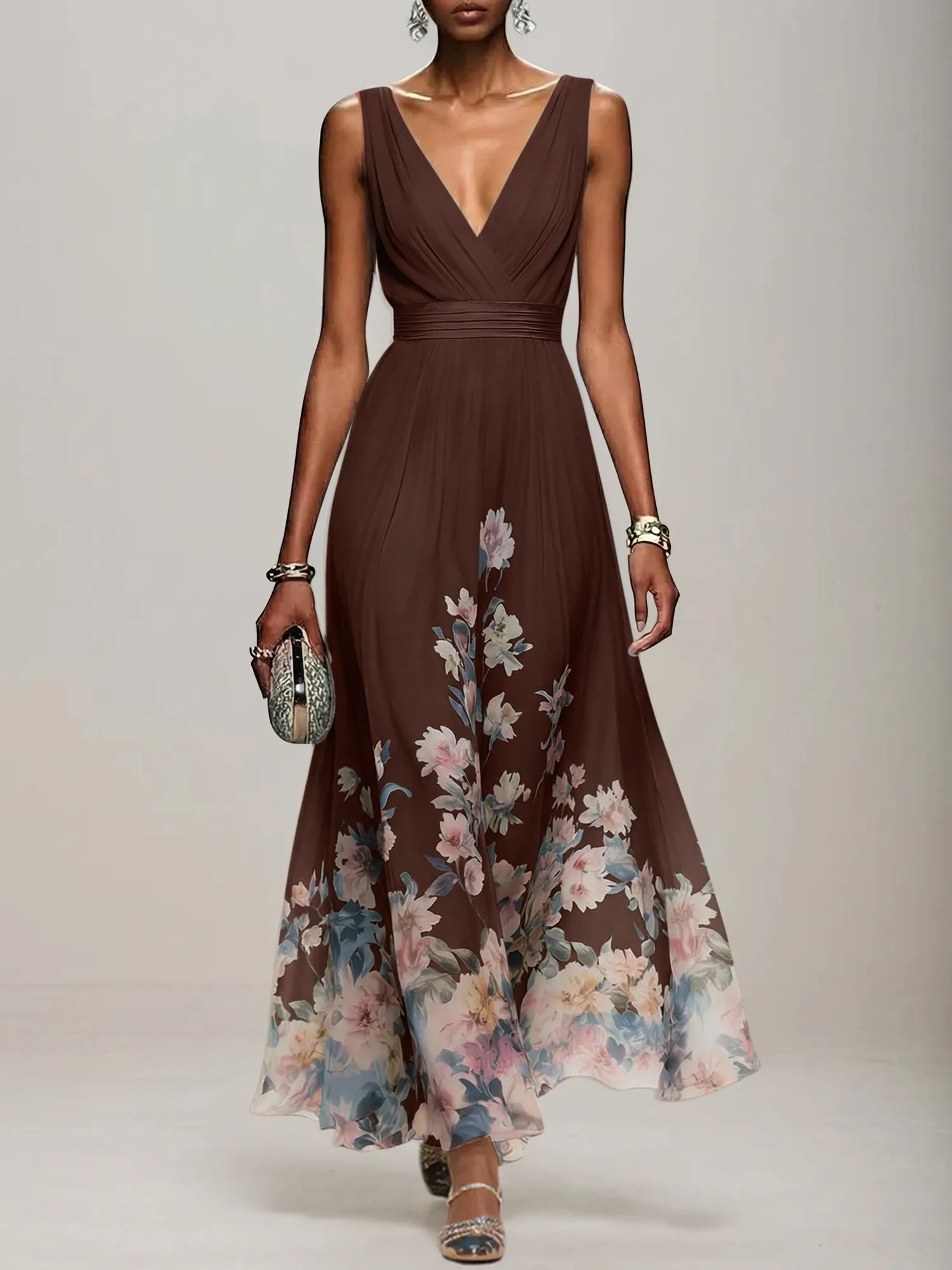 V-Neck Floral Print Chiffon Maxi Evening Dress with Satin Waist Bow