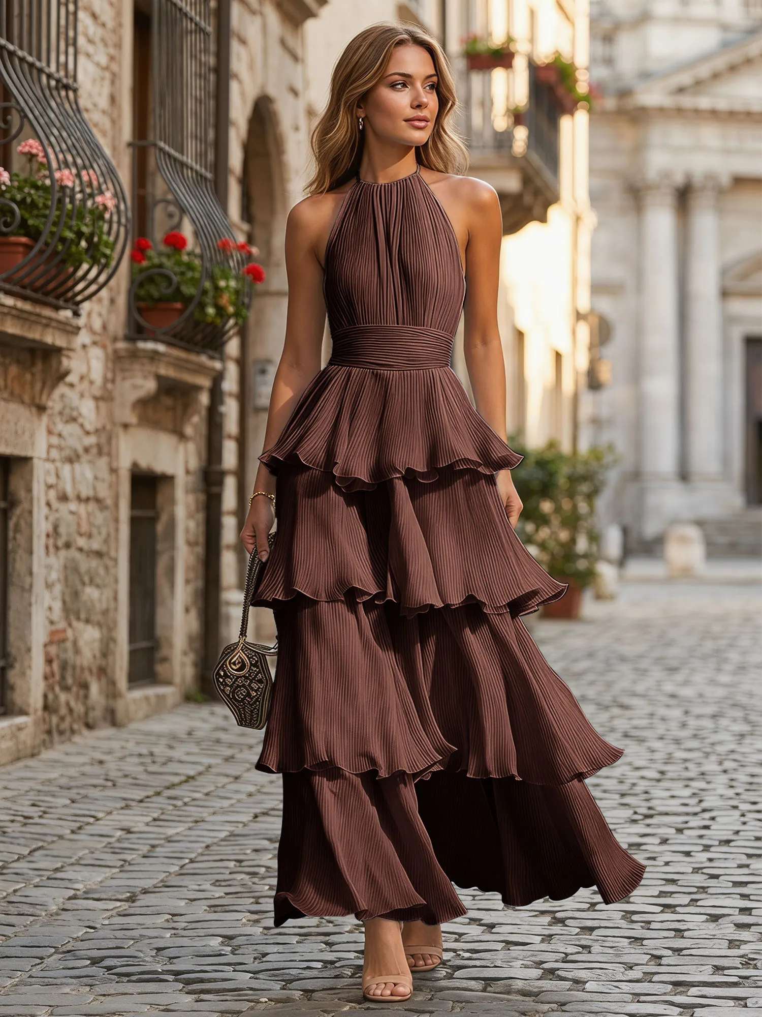 A Line Halter Neck Tiered Ruffle Chiffon Evening Dress
