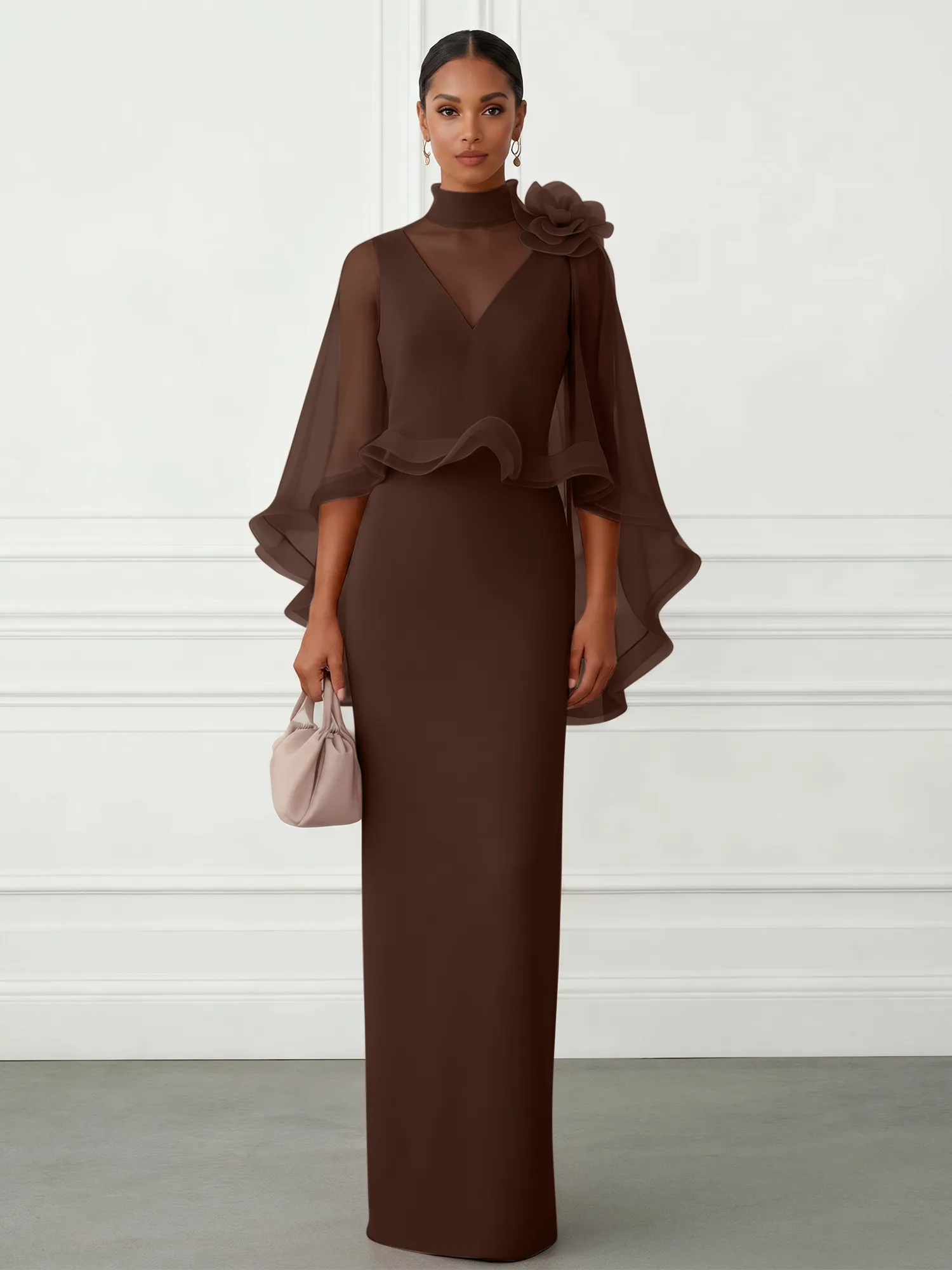High-Neck Chiffon Cape Sleeve Sheath Evening Gown