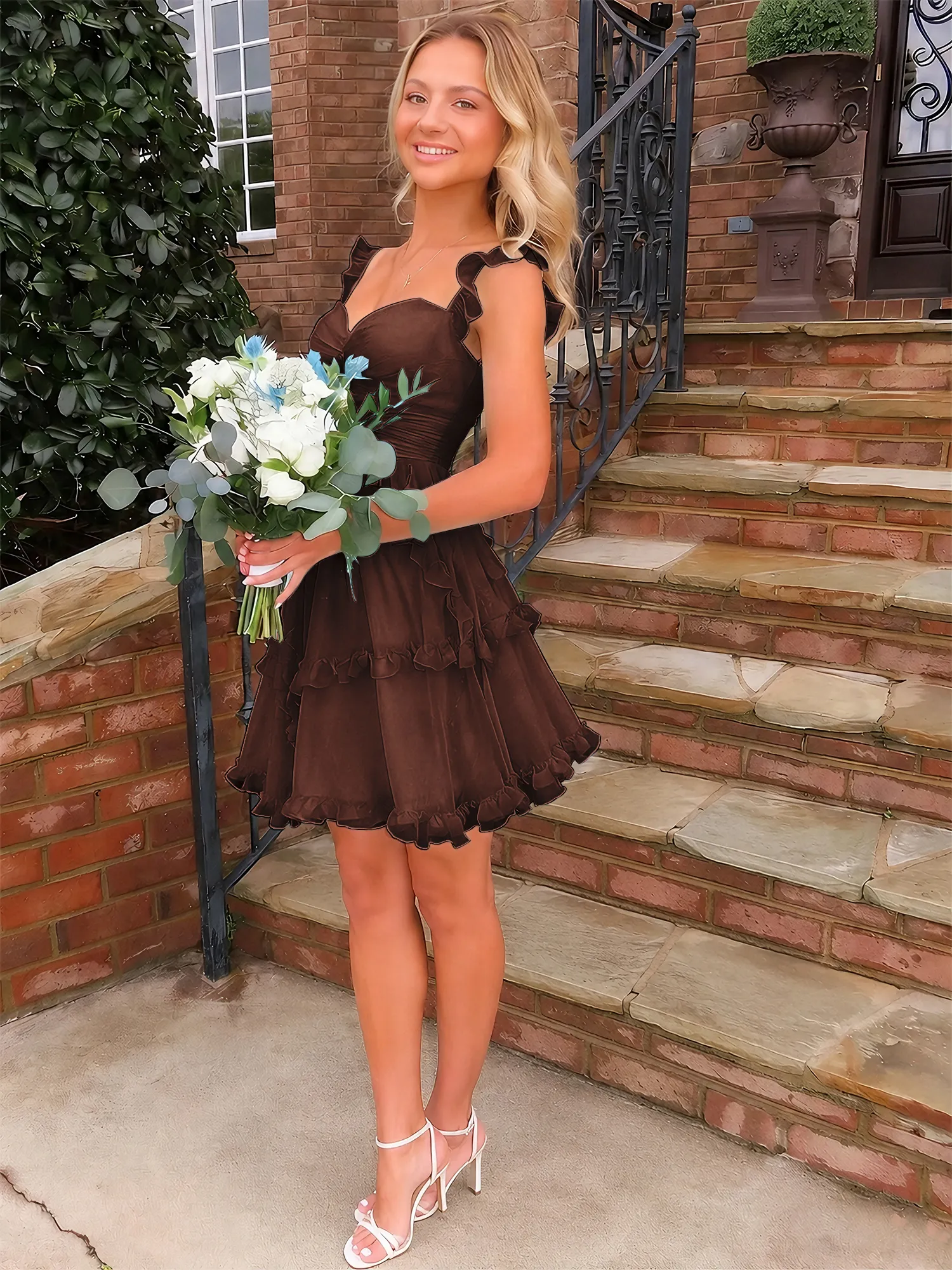 A Line Ruffled Tiered Chiffon Homecoming Dress with Lace-Up Back