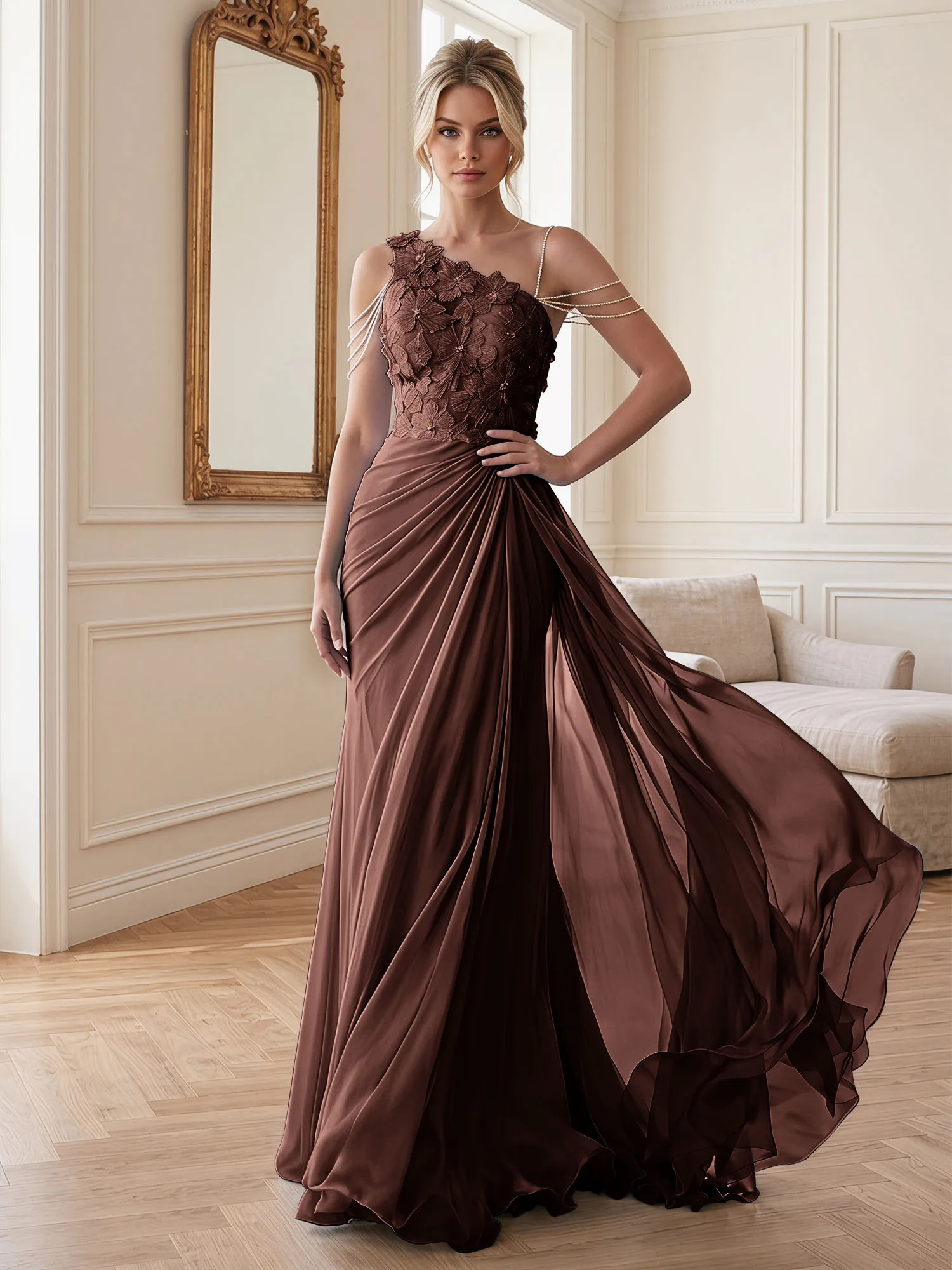 One-Shoulder Floral Lace Chiffon Evening Gown