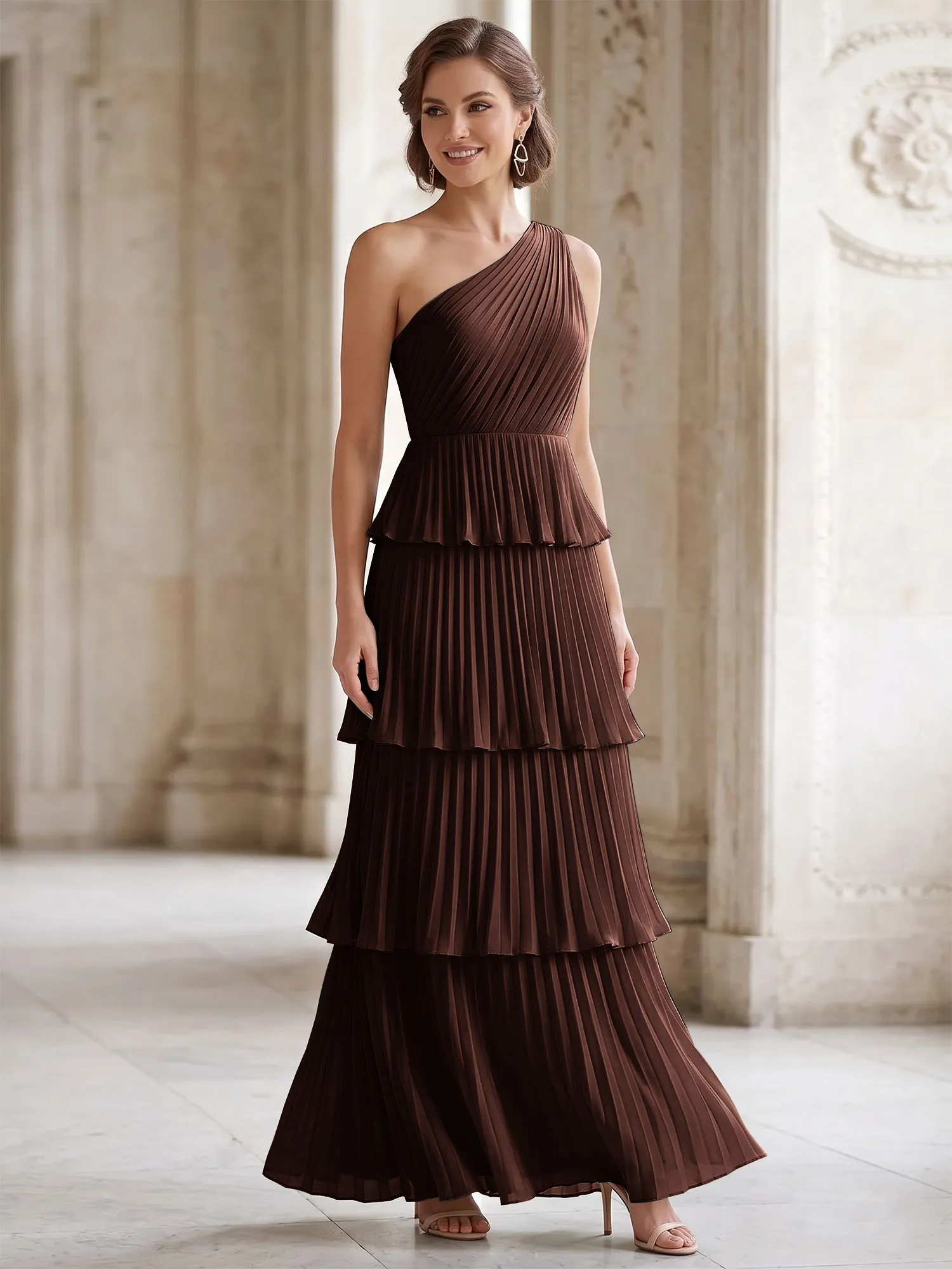 One-Shoulder Tiered Pleated Chiffon Evening Gown