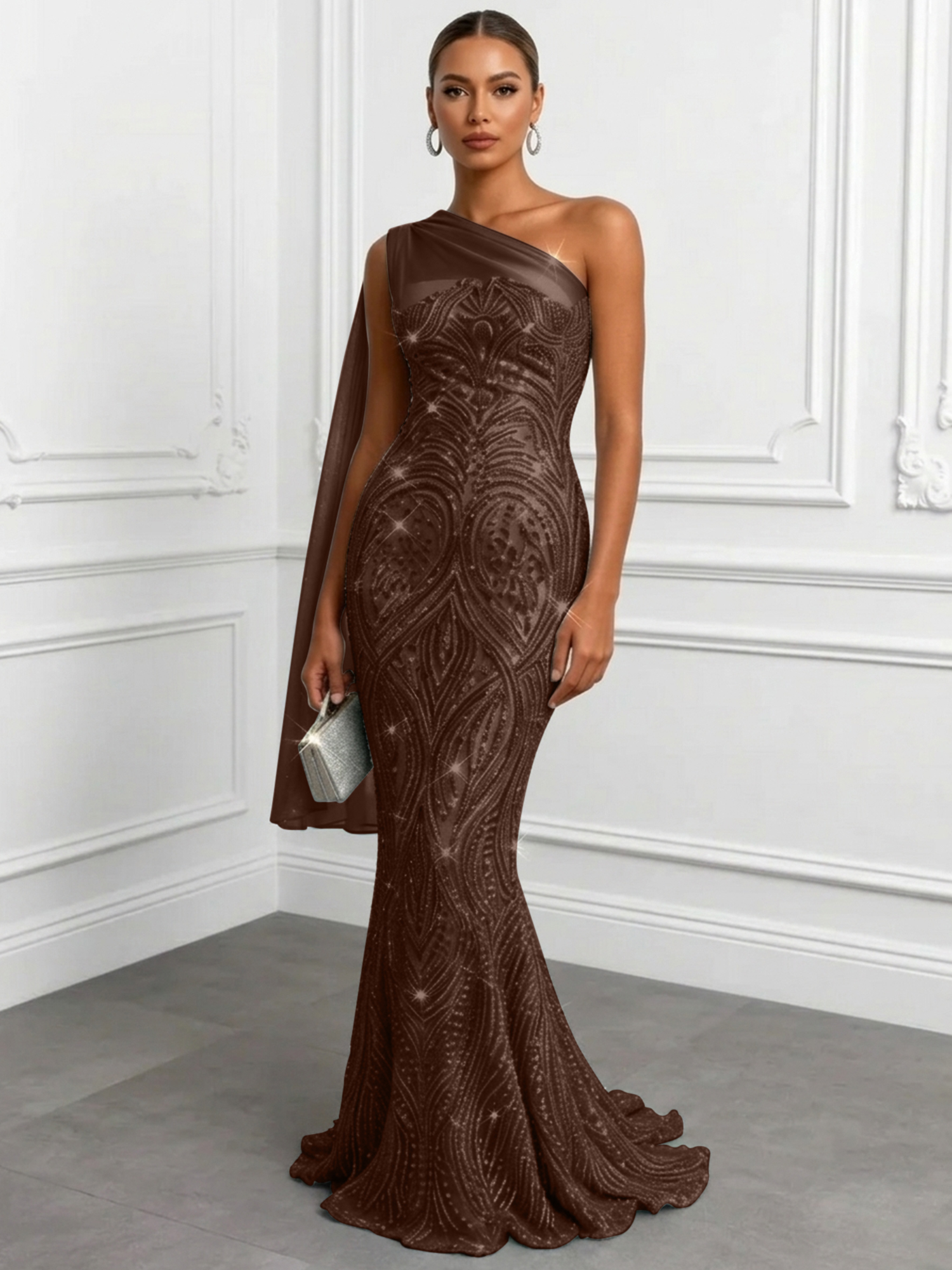 Shimmering Sage One-Shoulder Sequin Mermaid Evening Dress