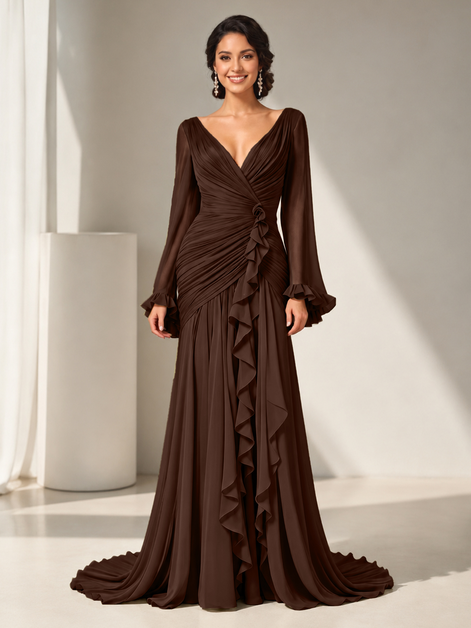 Grecian Olive Green Ruched Long-Sleeve Cascading Ruffle Formal Evening Dress