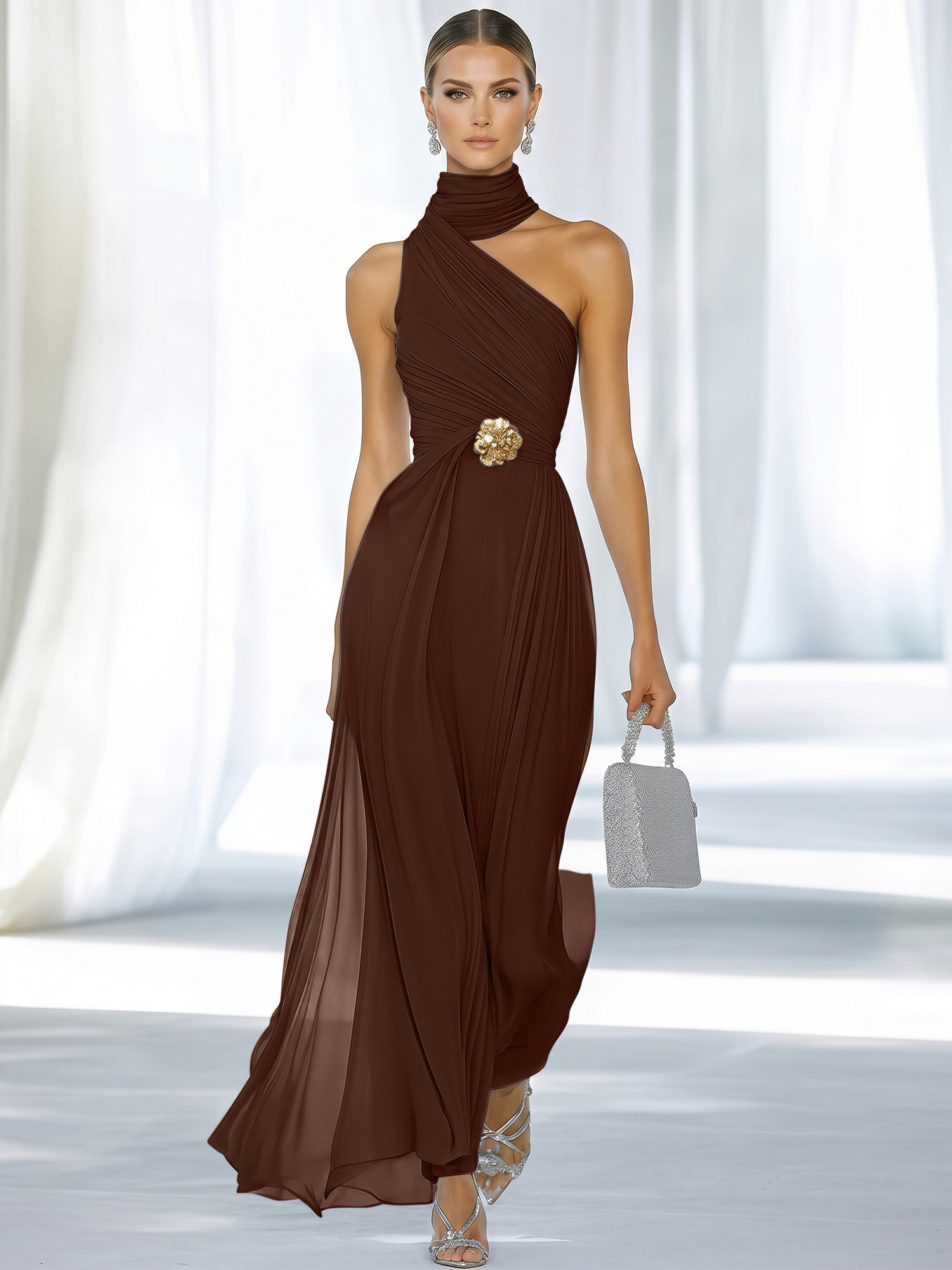 Sky Blue Pleated Chiffon Halter Strapless Formal Evening Dress