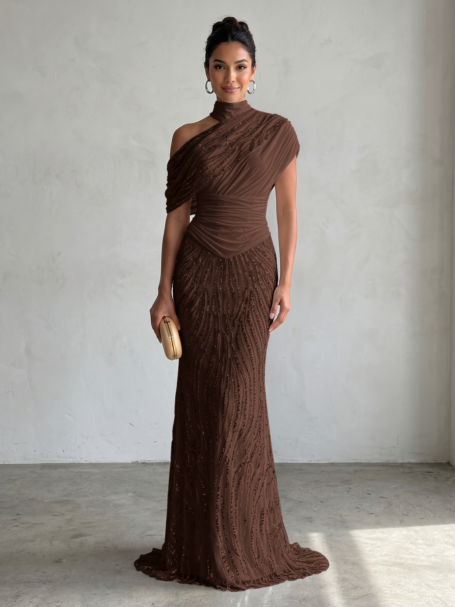 Ethereal White Beaded High-Neck Draped Sheath Formal Evening Dress
