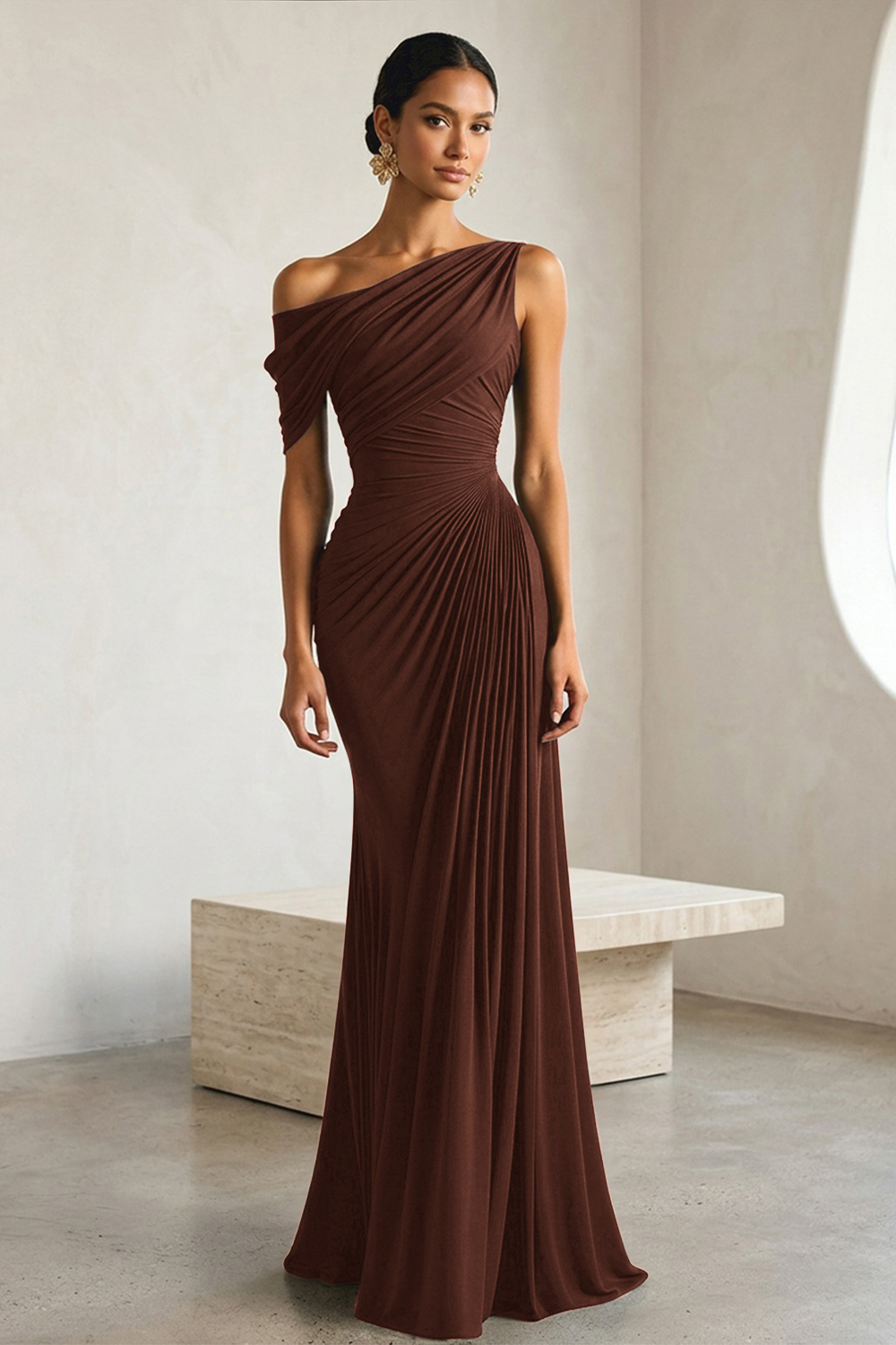 Timeless Black Architectural One-Shoulder Sheath Evening Gown