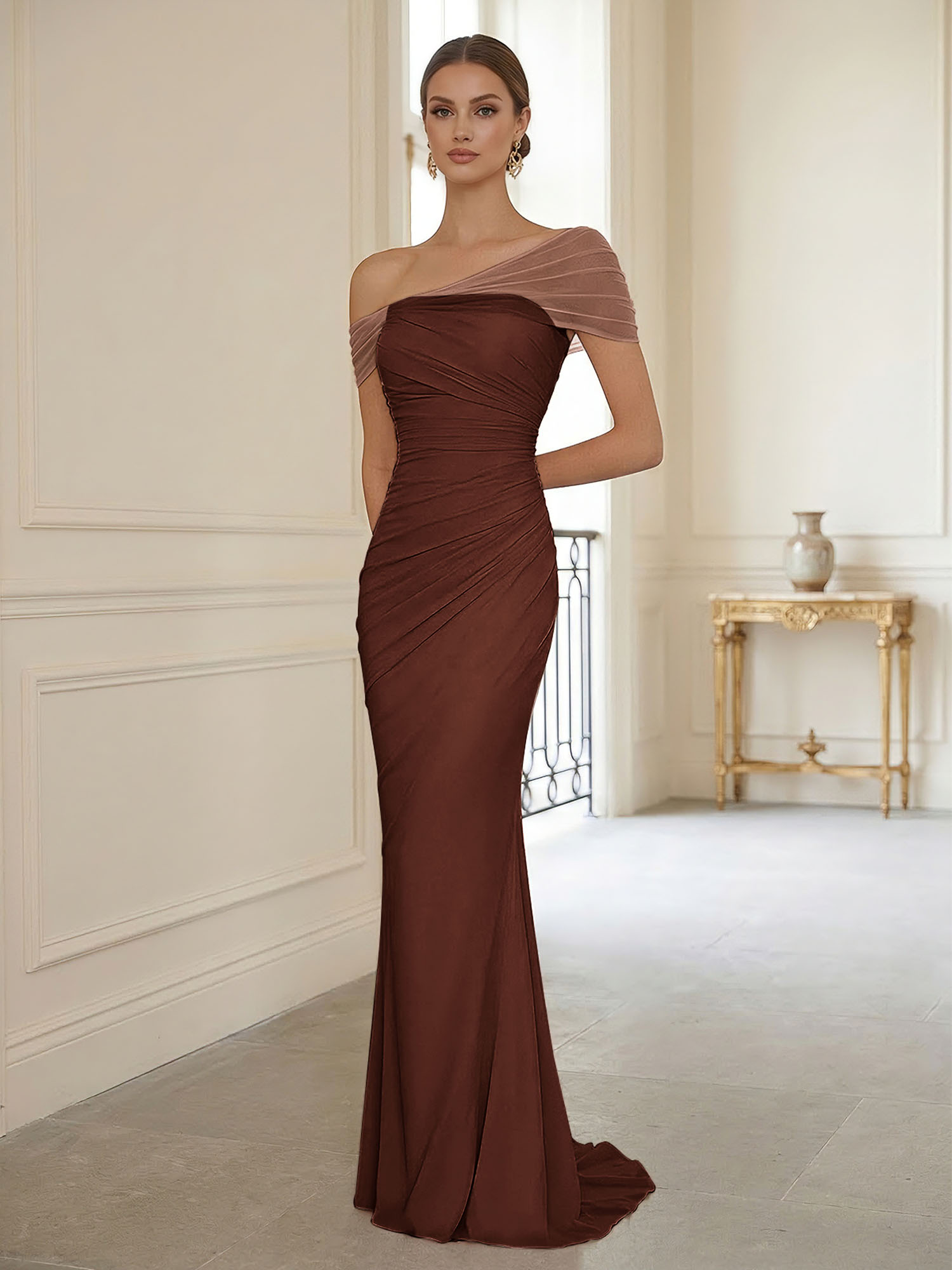 Sophisticated Blush Pink Asymmetrical Ruched Maxi Dress Evening Gown