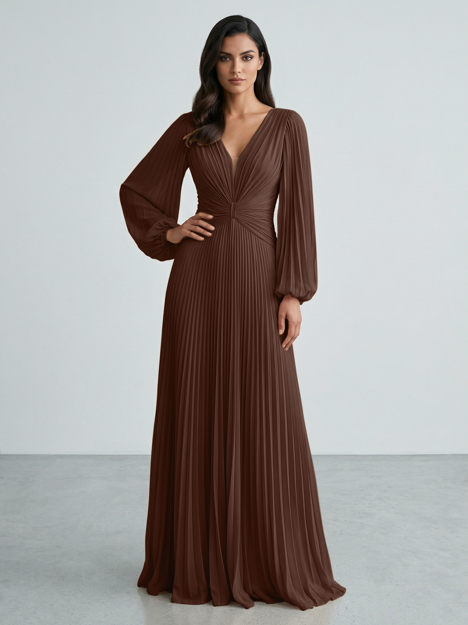 Slate Blue Plunging V-Neck Pleated Long Sleeve Maxi Dress Gown