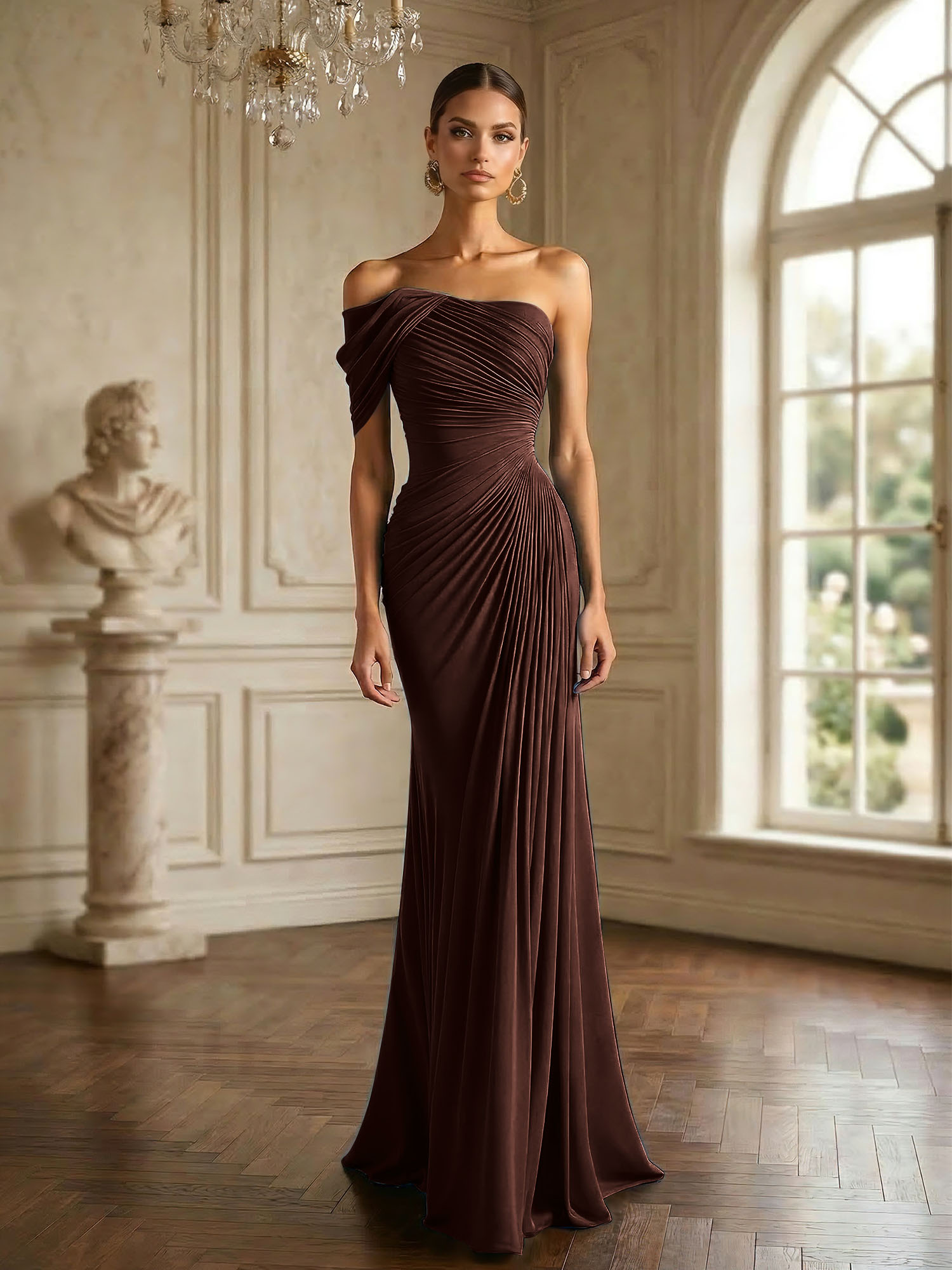 One Shoulder Pleat Mermaid Chiffon Evening Dresses for Women Gown