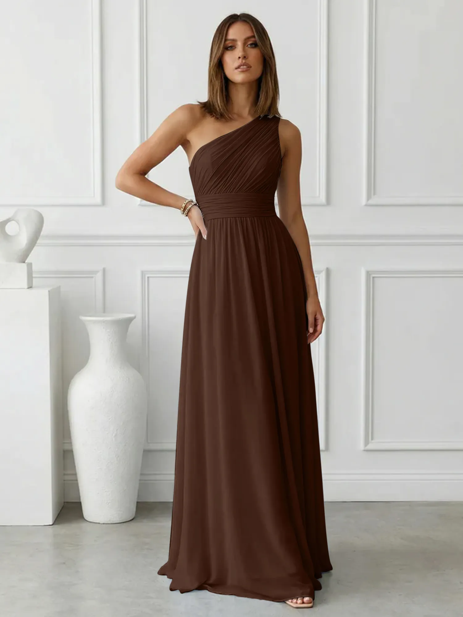 One-Shoulder Pleated Chiffon A-Line Evening Dress
