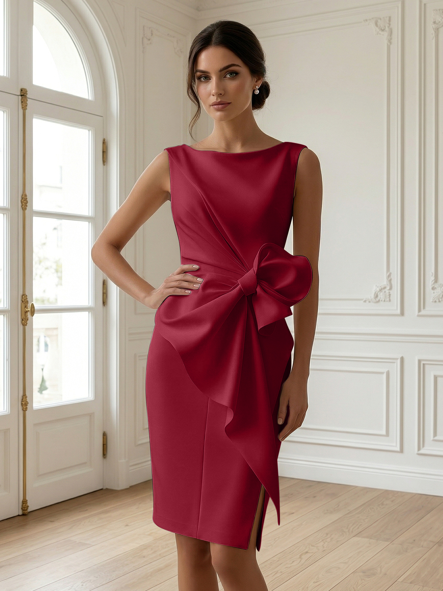White 3D Bow Sleeveless Sheath Midi Dress Evening Gown