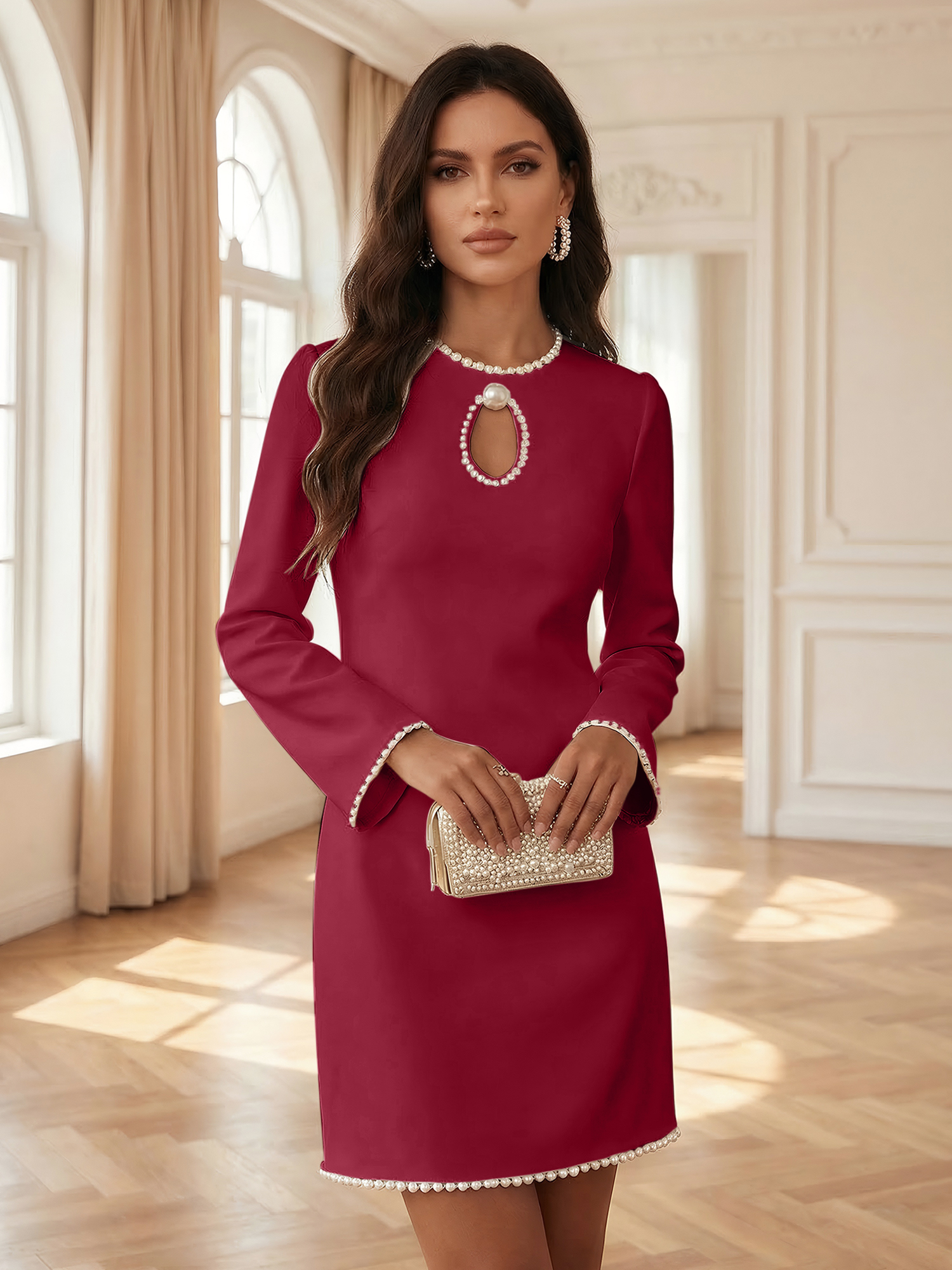 White Pearl Hollow Out Classic Crew Neck Long Sleeve Shift Mini Dress Gown