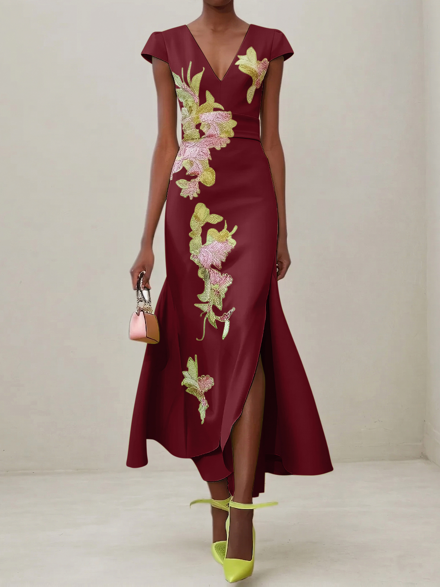 Elegant V-Neck Cap Sleeve Satin Midi Gown with Floral Embroidery & High Slit