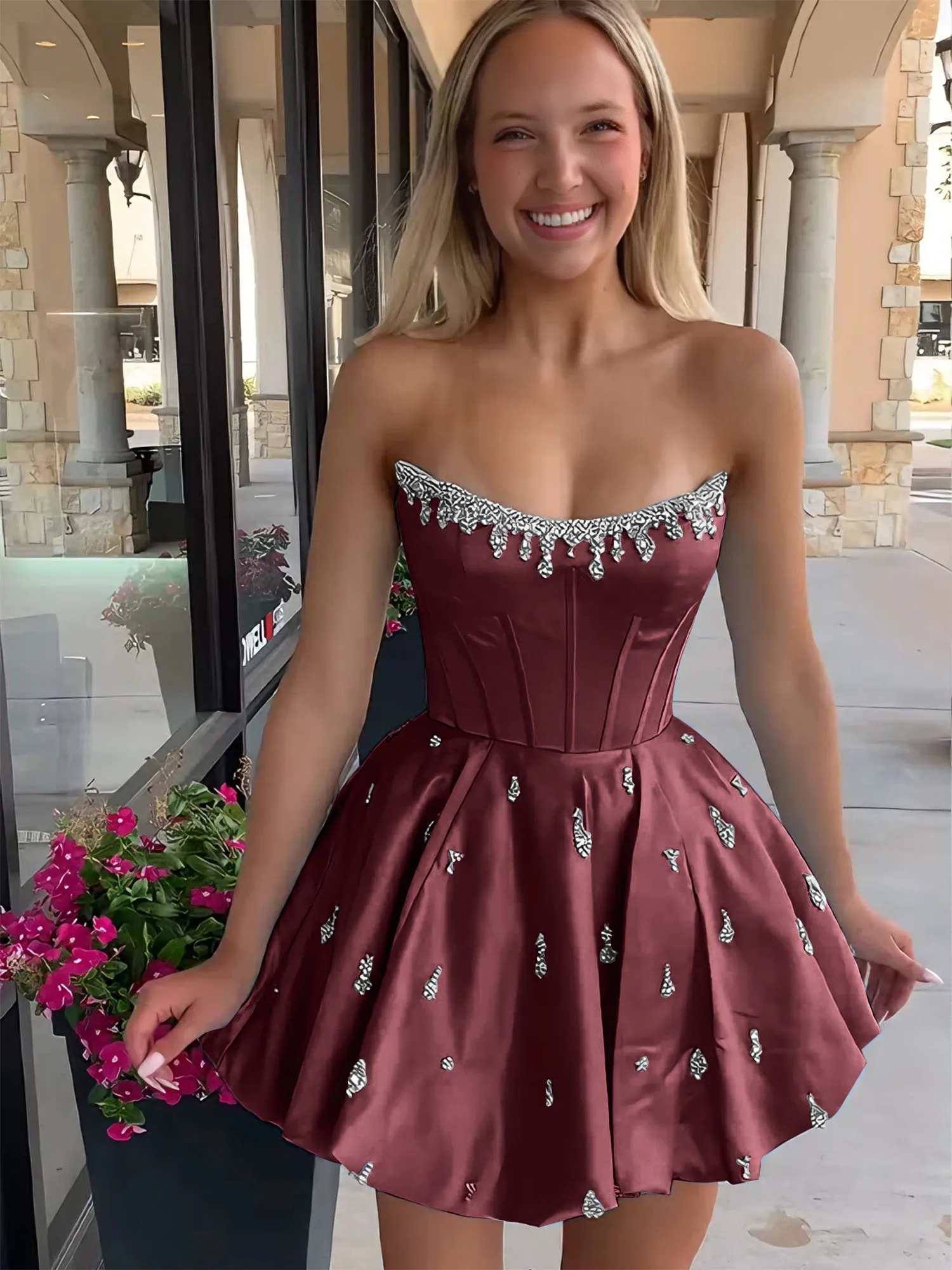 Strapless Beaded Corset Lace-Up Back Satin Homecoming Dress