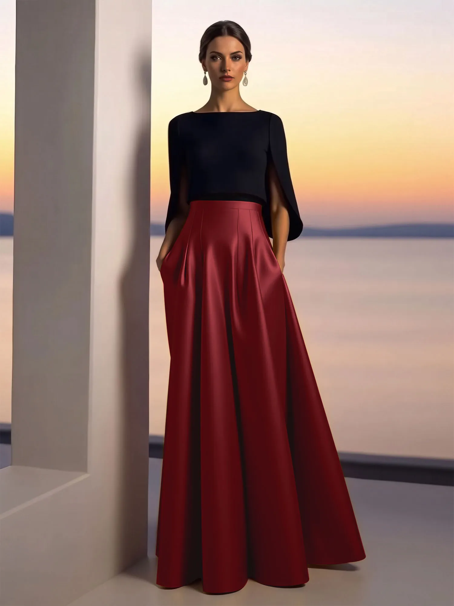 Two-Piece Cape Sleeve Satin Ball Gown Evening Dress