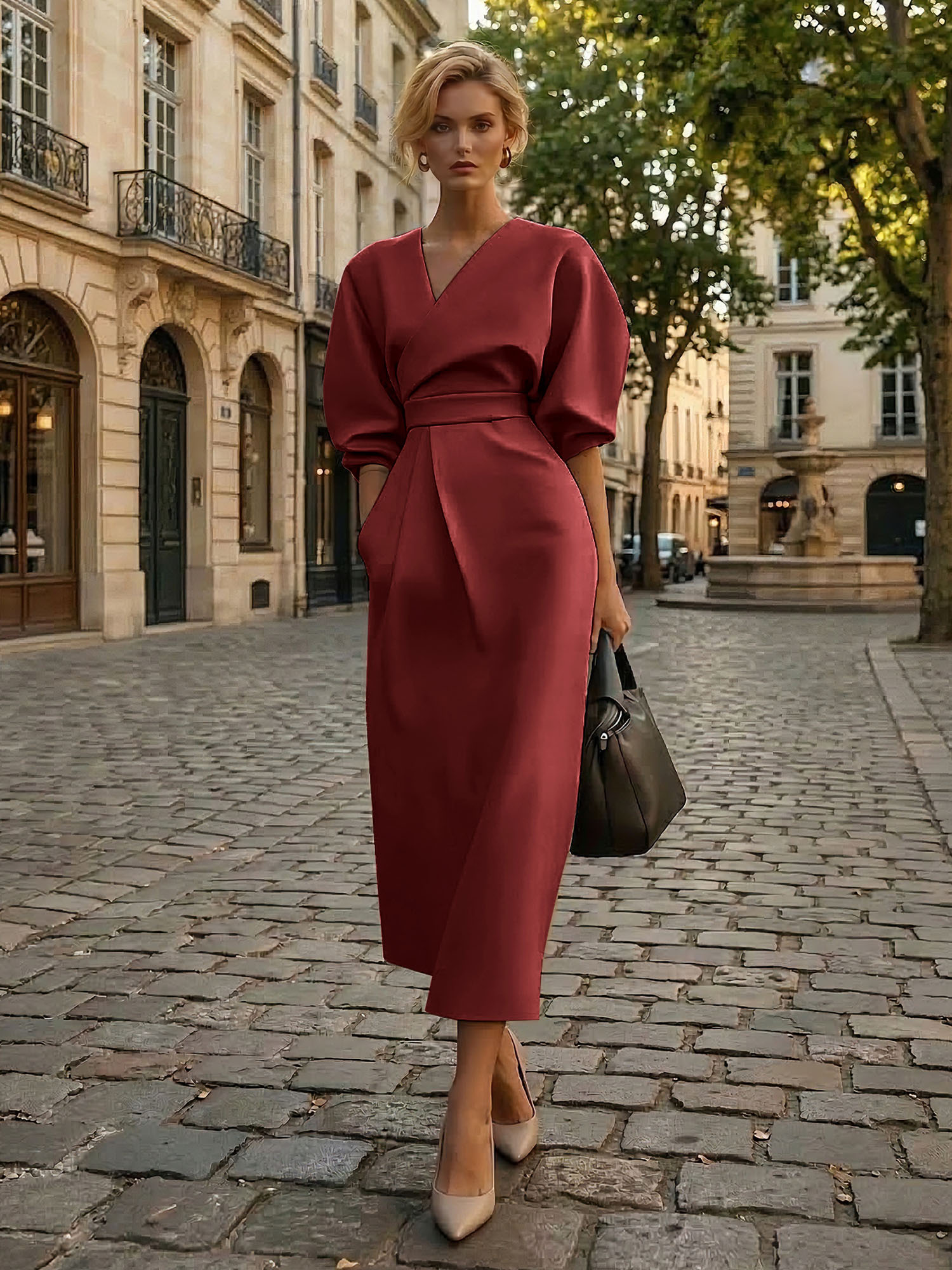 Sophisticated Camel V-Neck Balloon Sleeve Midi Dress Evening Gown