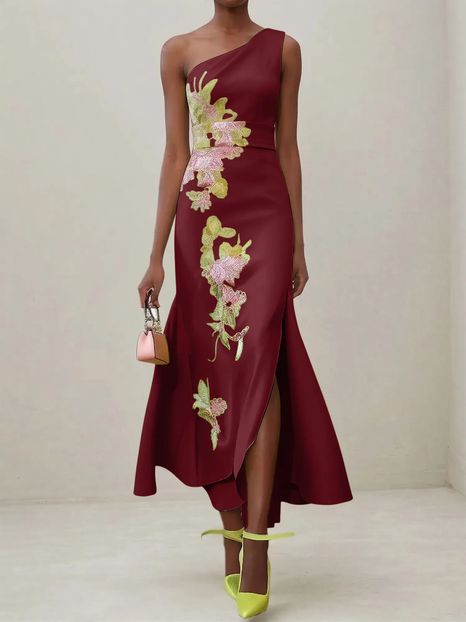 Elegant One Shoulder Cap Sleeve Satin Midi Gown with Floral Embroidery & High Slit