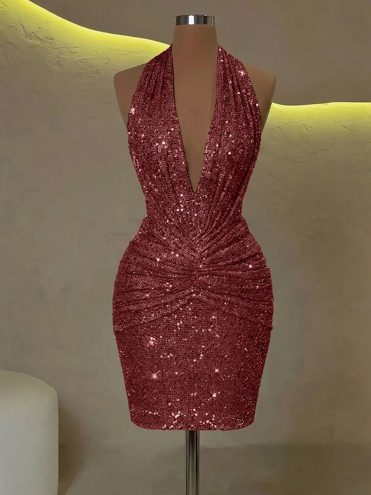 Sequin Halter Deep V-Neck Bodycon Homecoming Dress Mini Dress