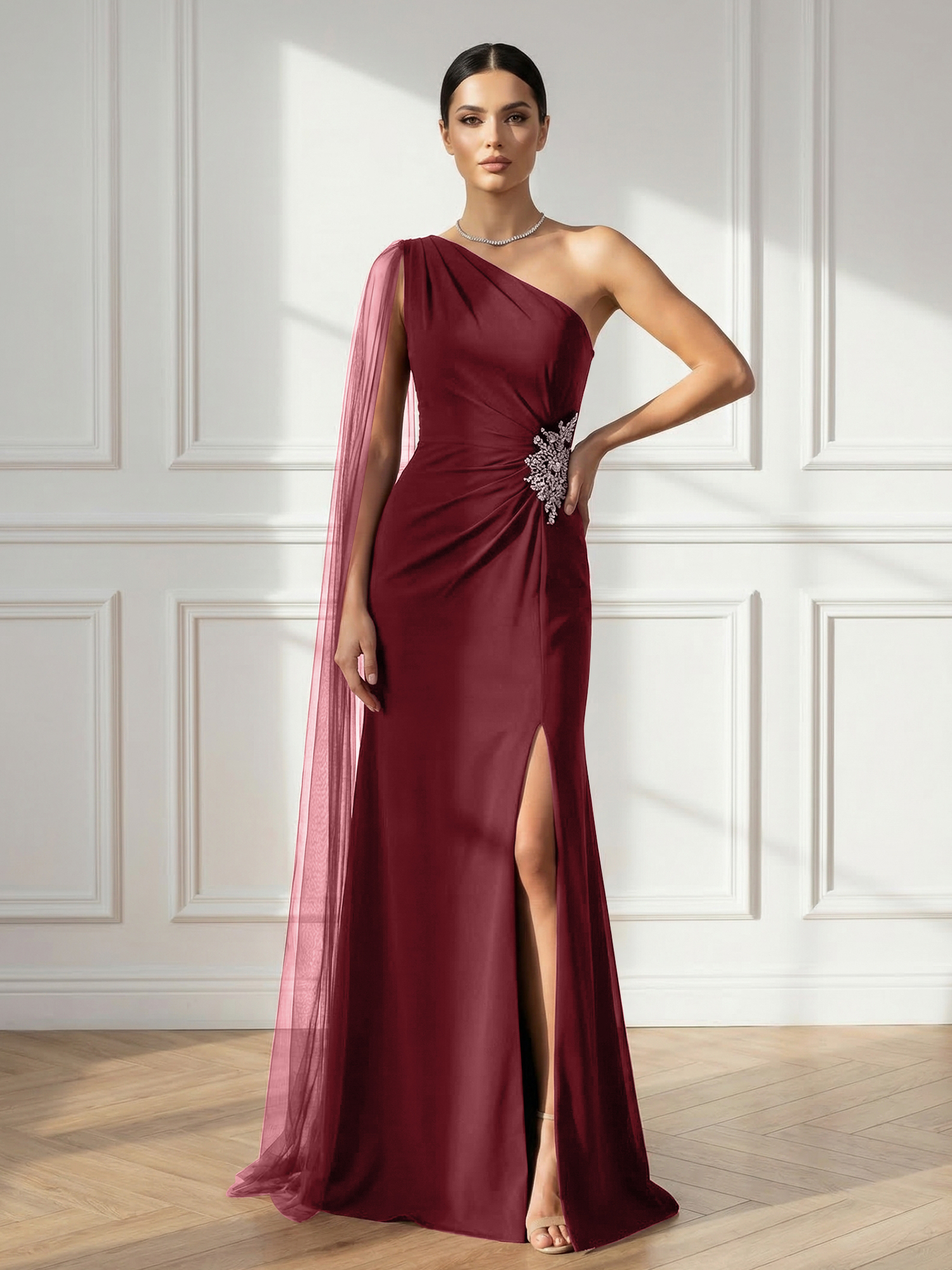 Formal Evening Dress Burgundy One Shoulder Slit Maxi Dress Gown
