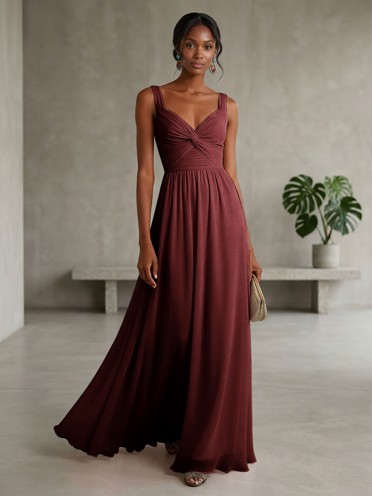 Elegant Soft Blush Twist-Front Chiffon Maxi Gown