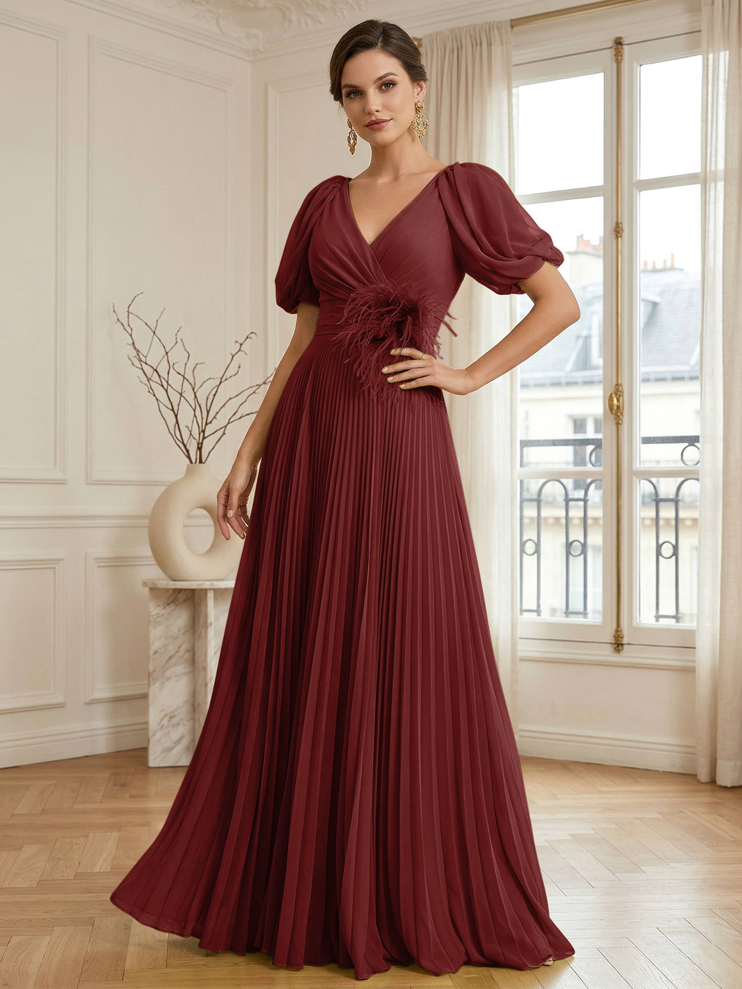 A-Line Chiffon Evening Gown with Feather V-Neck Short Sleeves Formal Dress