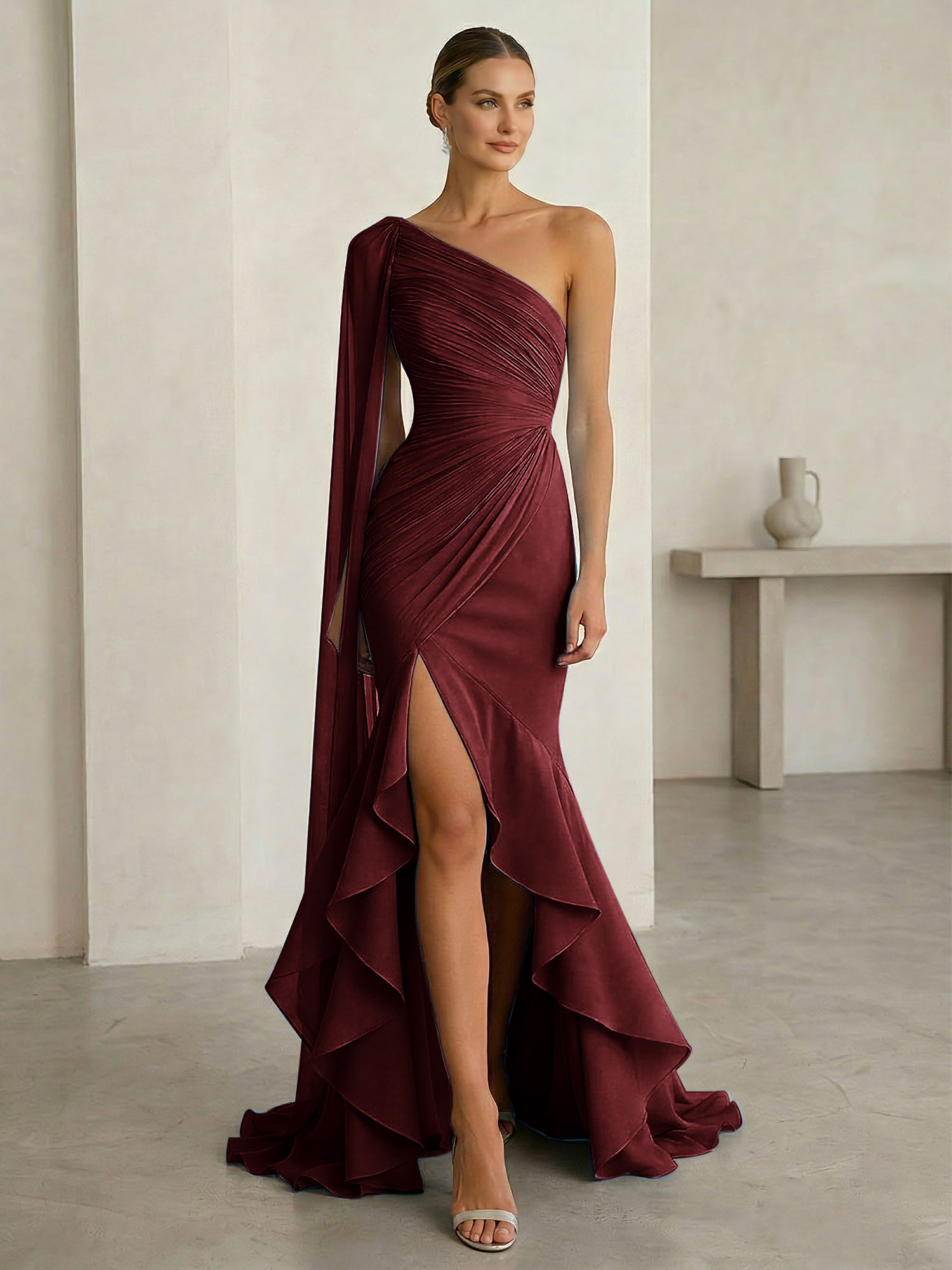 One-Shoulder Cape Sleeve Draped Mermaid Gown with Ruffle Hem