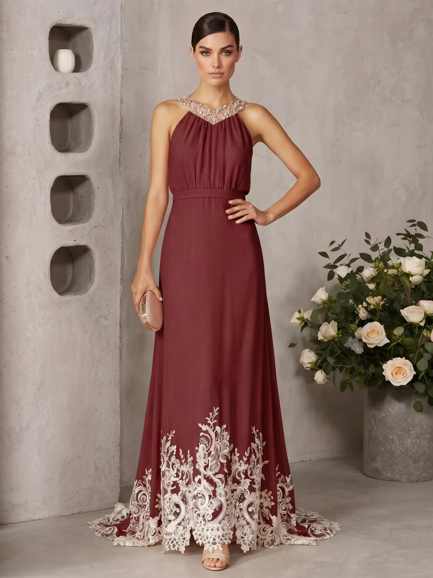 Halter Neck Beaded Chiffon Gown with Lace Hem