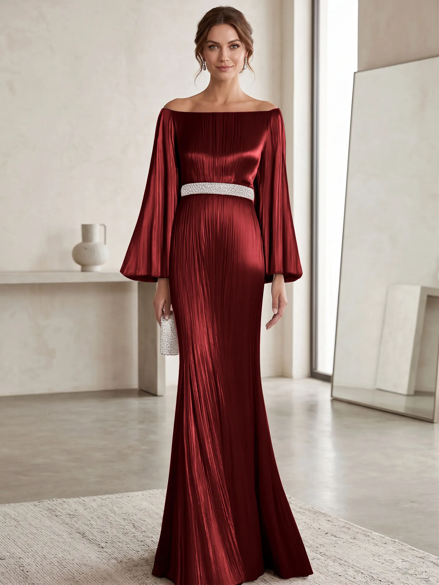 Off-the-Shoulder Pleated Satin Evening Gown with Beaded Waistband