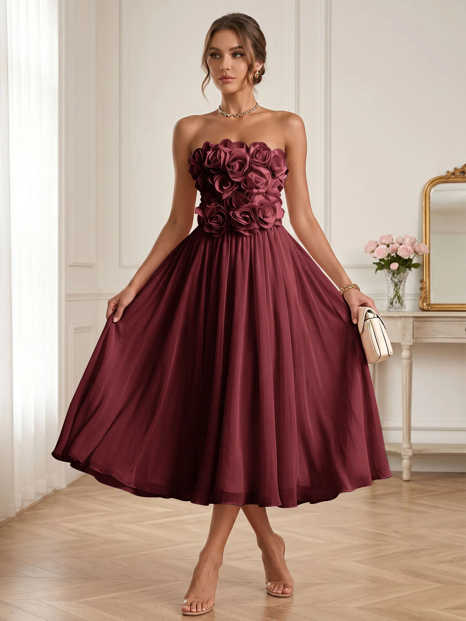 Strapless 3D Floral Chiffon A-Line Midi Formal Dress