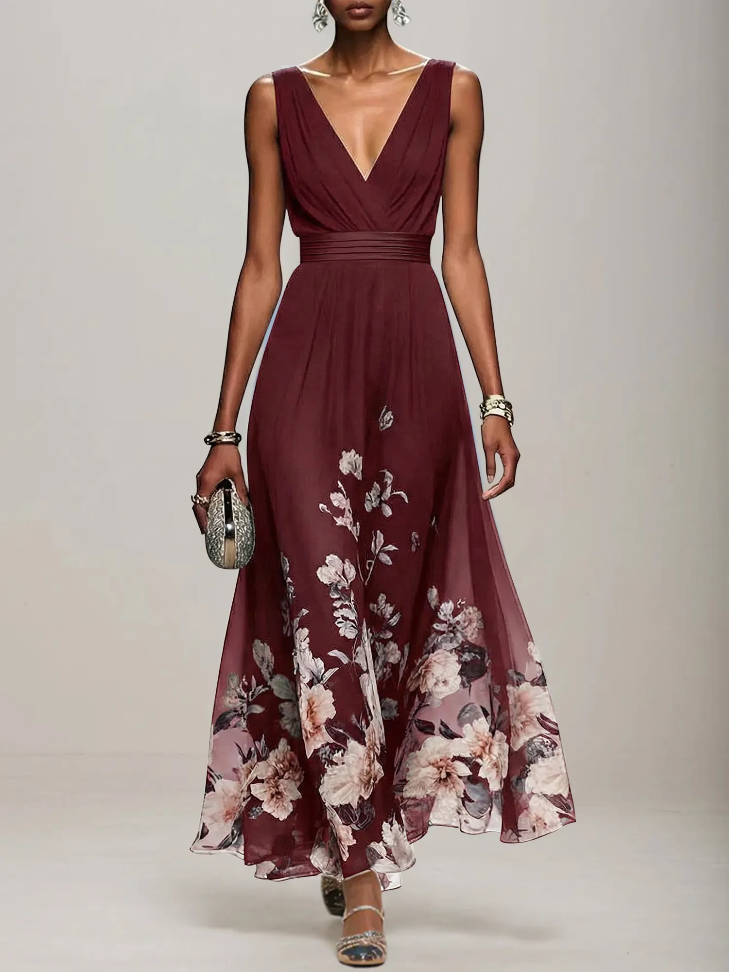 V-Neck Floral Print Chiffon Maxi Evening Dress with Satin Waist Bow
