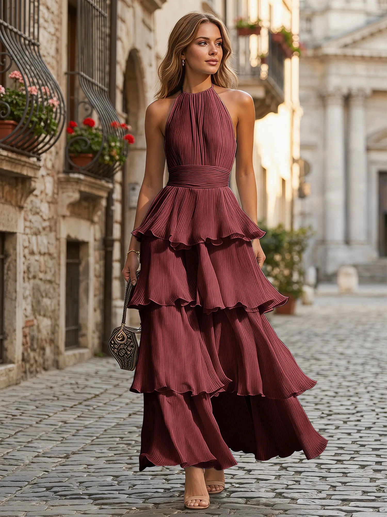 A Line Halter Neck Tiered Ruffle Chiffon Evening Dress