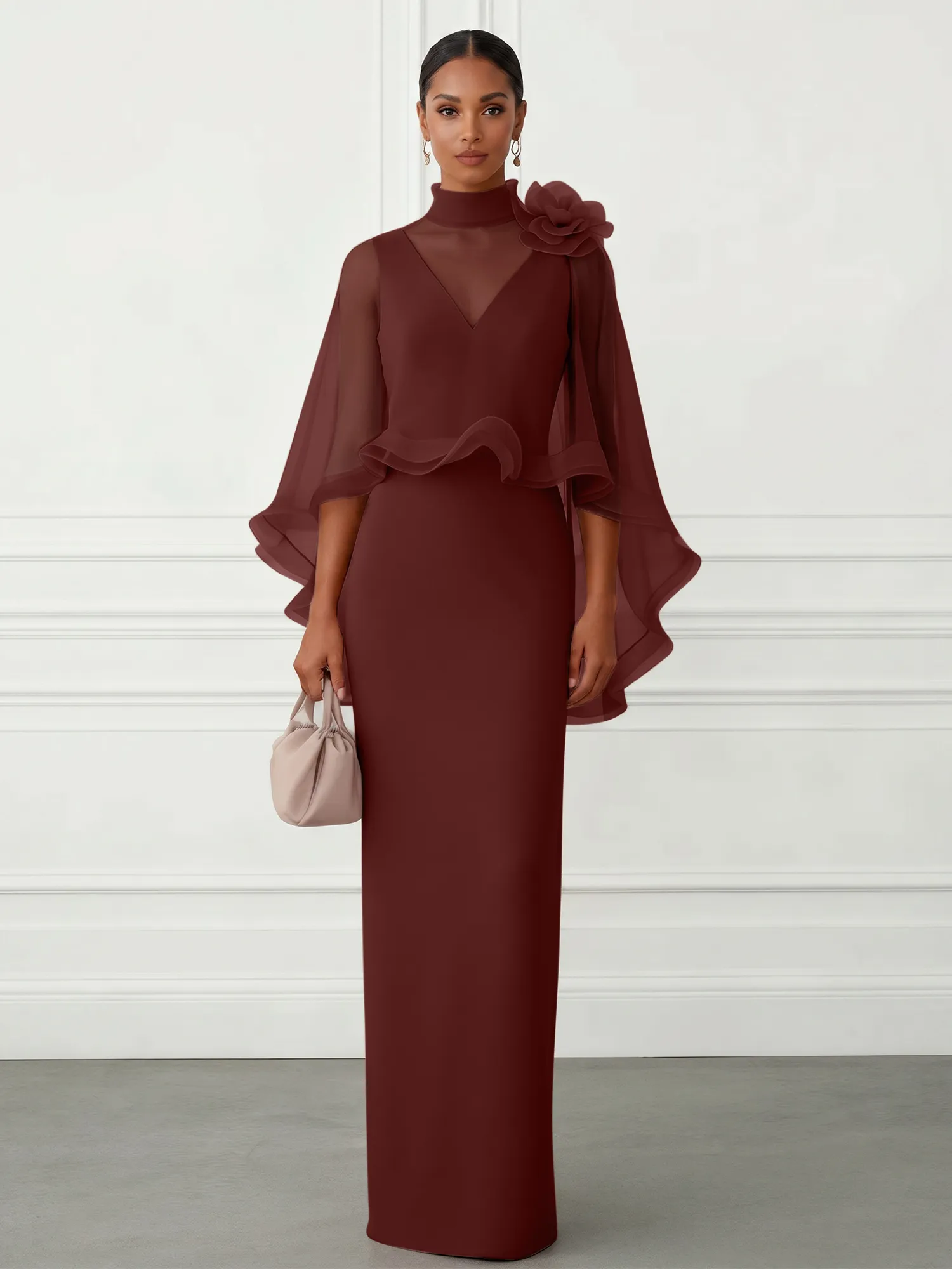 High-Neck Chiffon Cape Sleeve Sheath Evening Gown
