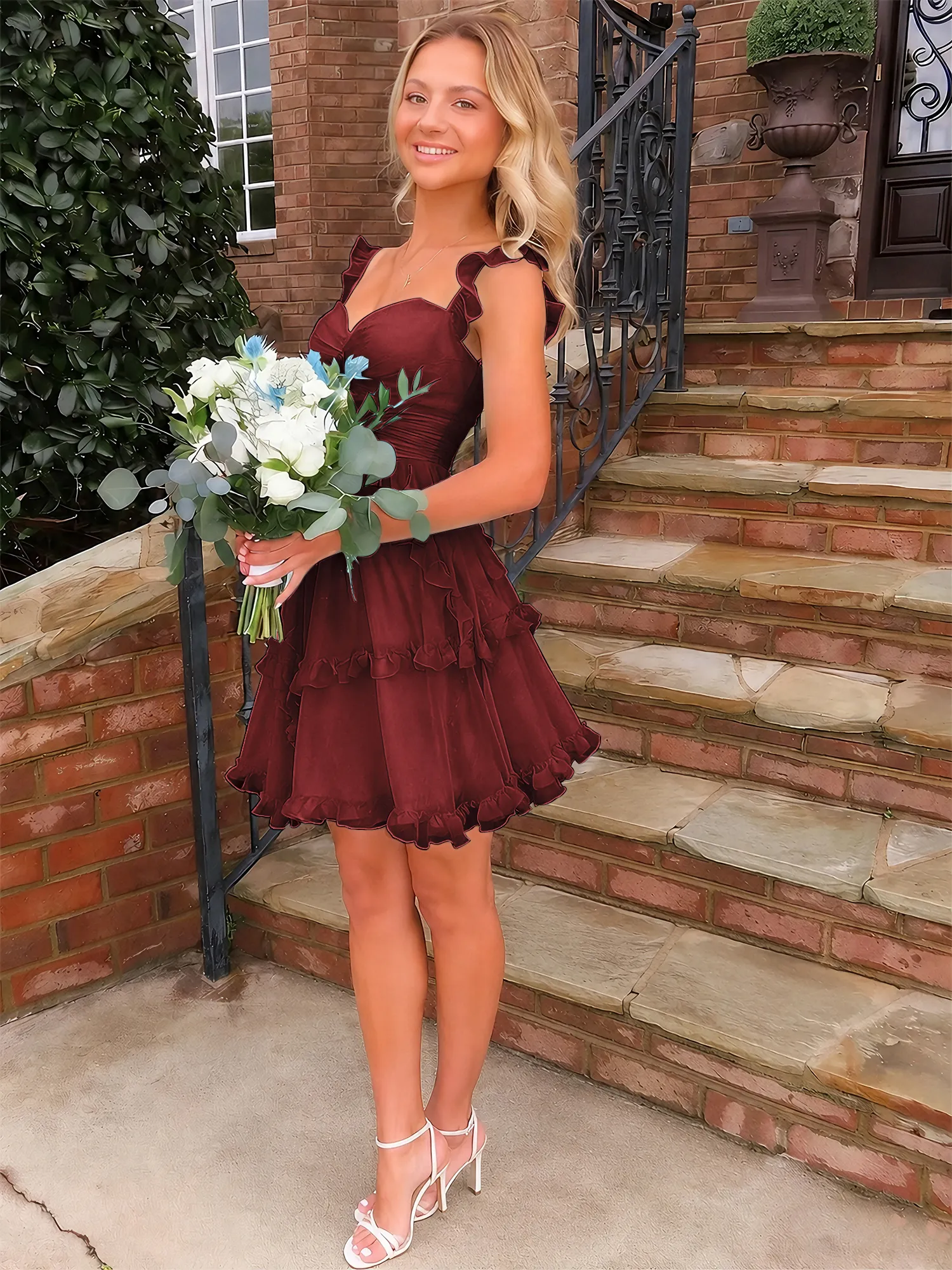 A Line Ruffled Tiered Chiffon Homecoming Dress with Lace-Up Back