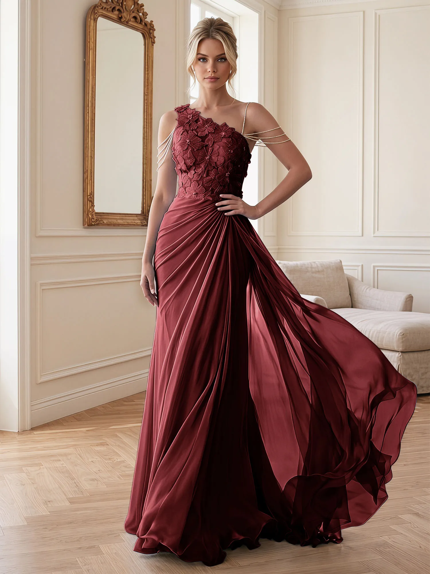 One-Shoulder Floral Lace Chiffon Evening Gown