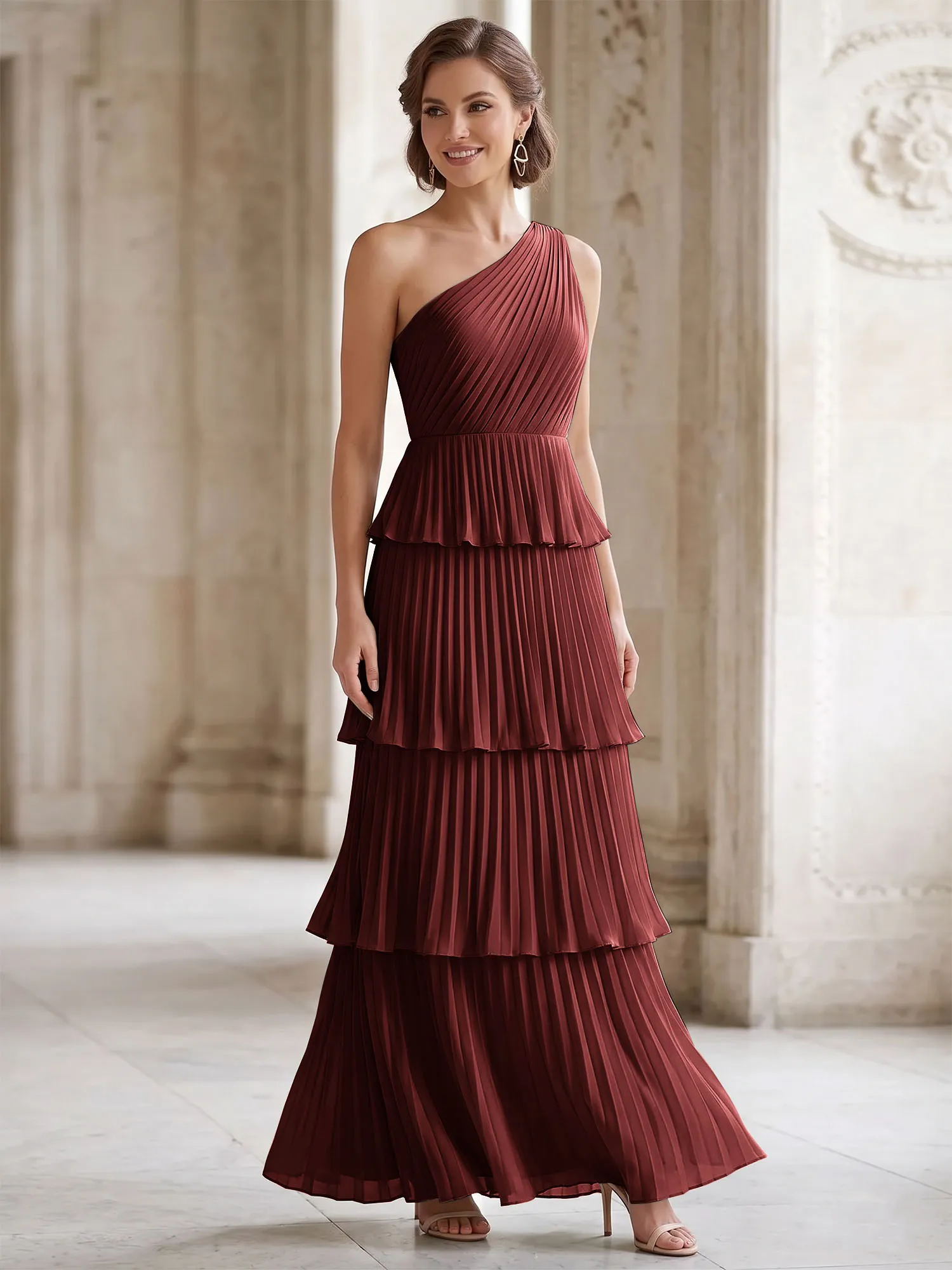 One-Shoulder Tiered Pleated Chiffon Evening Gown