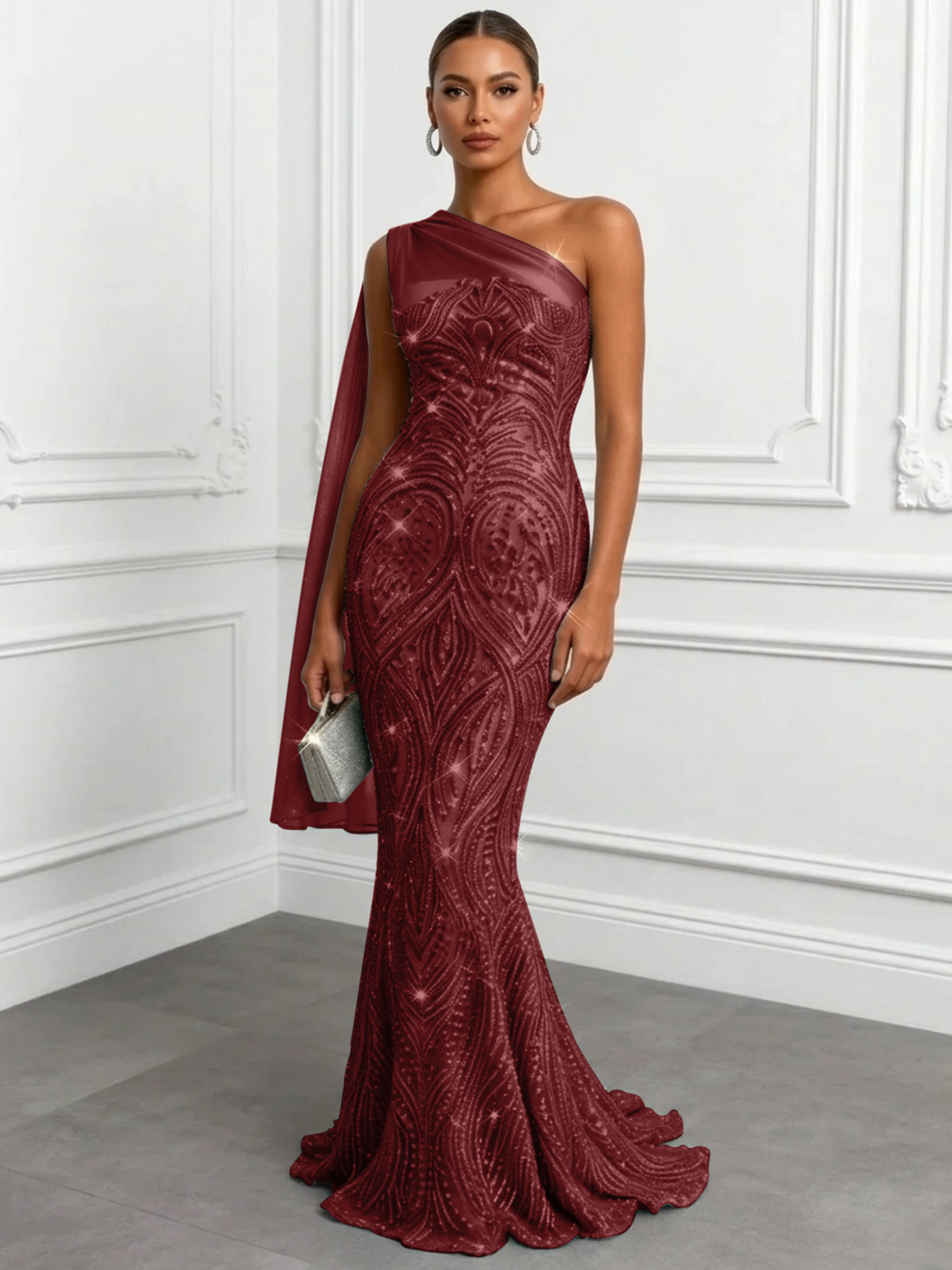 Shimmering Sage One-Shoulder Sequin Mermaid Evening Dress