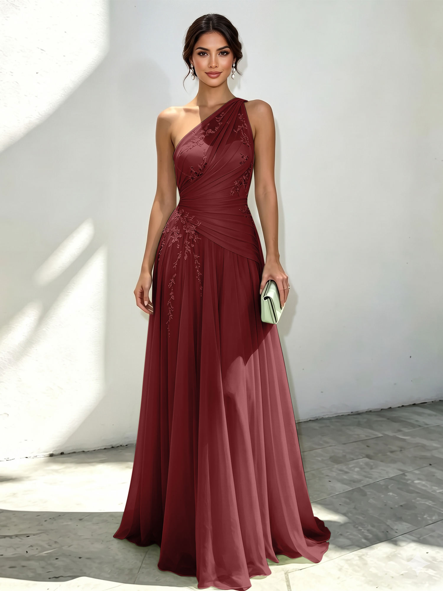 Ethereal Mint Green One-Shoulder Chiffon Evening Dress with Delicate Floral Embroidery