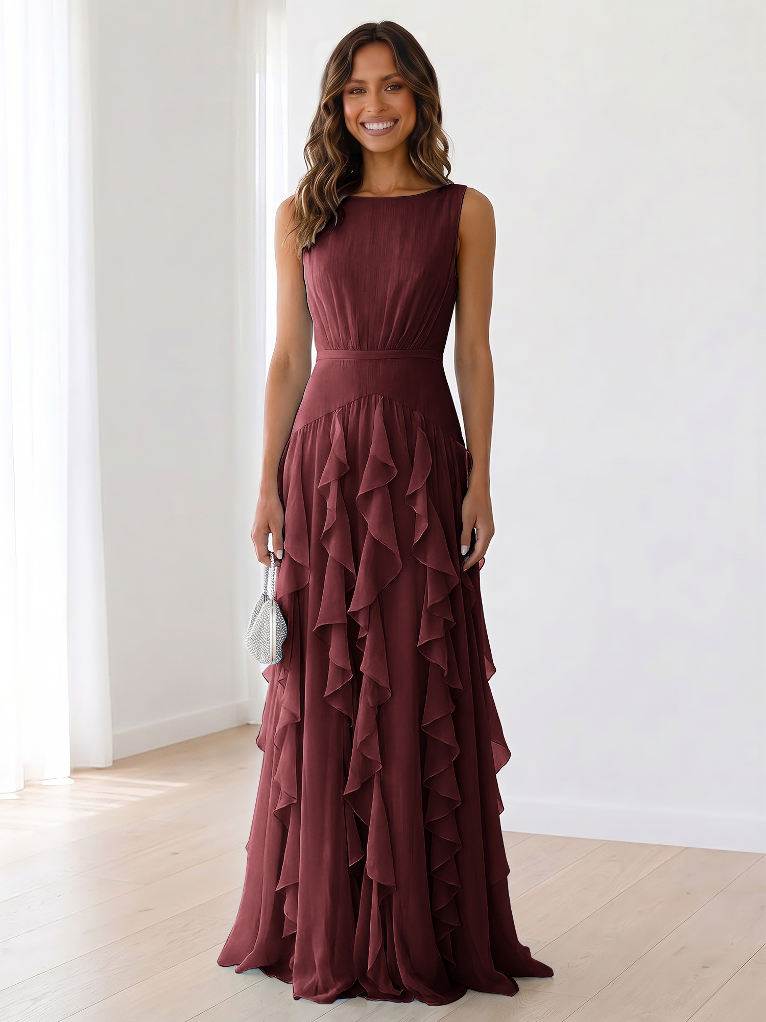 Ethereal Powder Blue Cascading Ruffle Maxi Formal Evening Dress