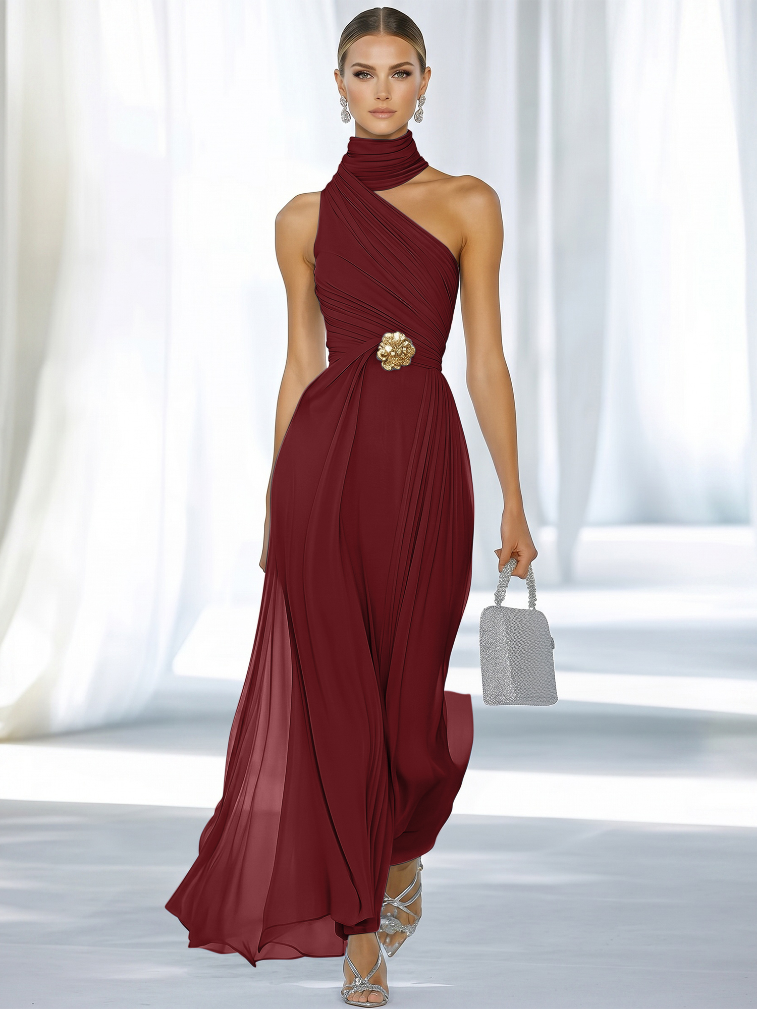 Sky Blue Pleated Chiffon Halter Strapless Formal Evening Dress