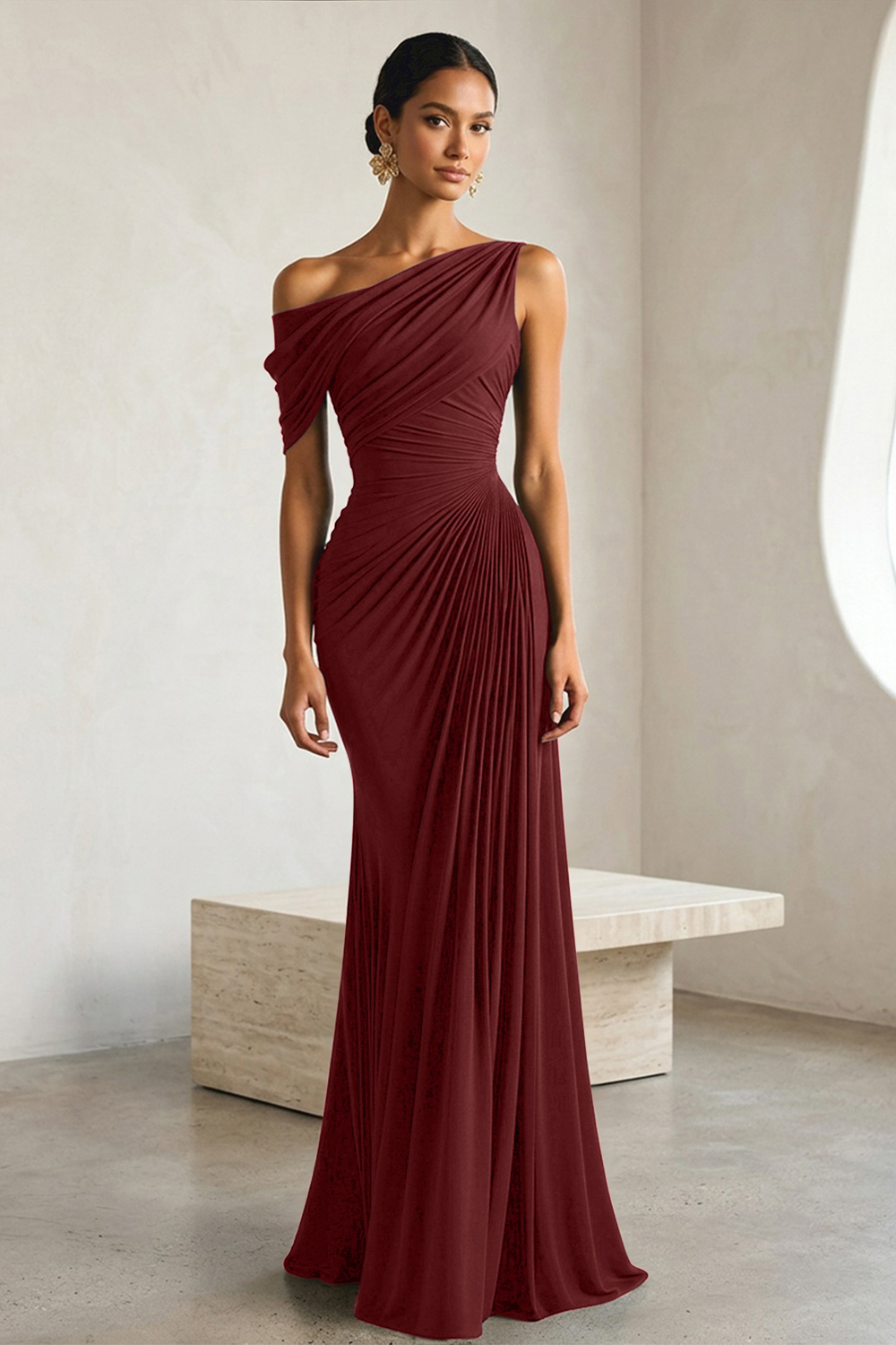 Timeless Black Architectural One-Shoulder Sheath Evening Gown